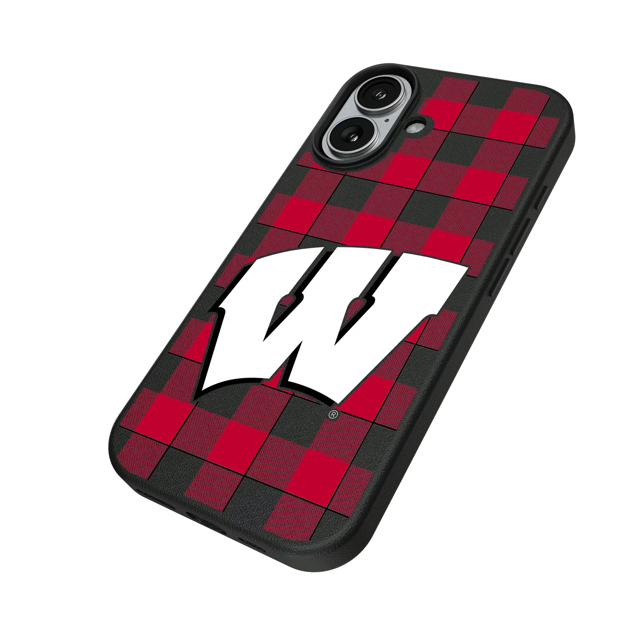University of Wisconsin Badgers Plaid iPhone MagSafe Compatible Phone Case for Apple iPhone - Isometric View#Device_iPhone 17