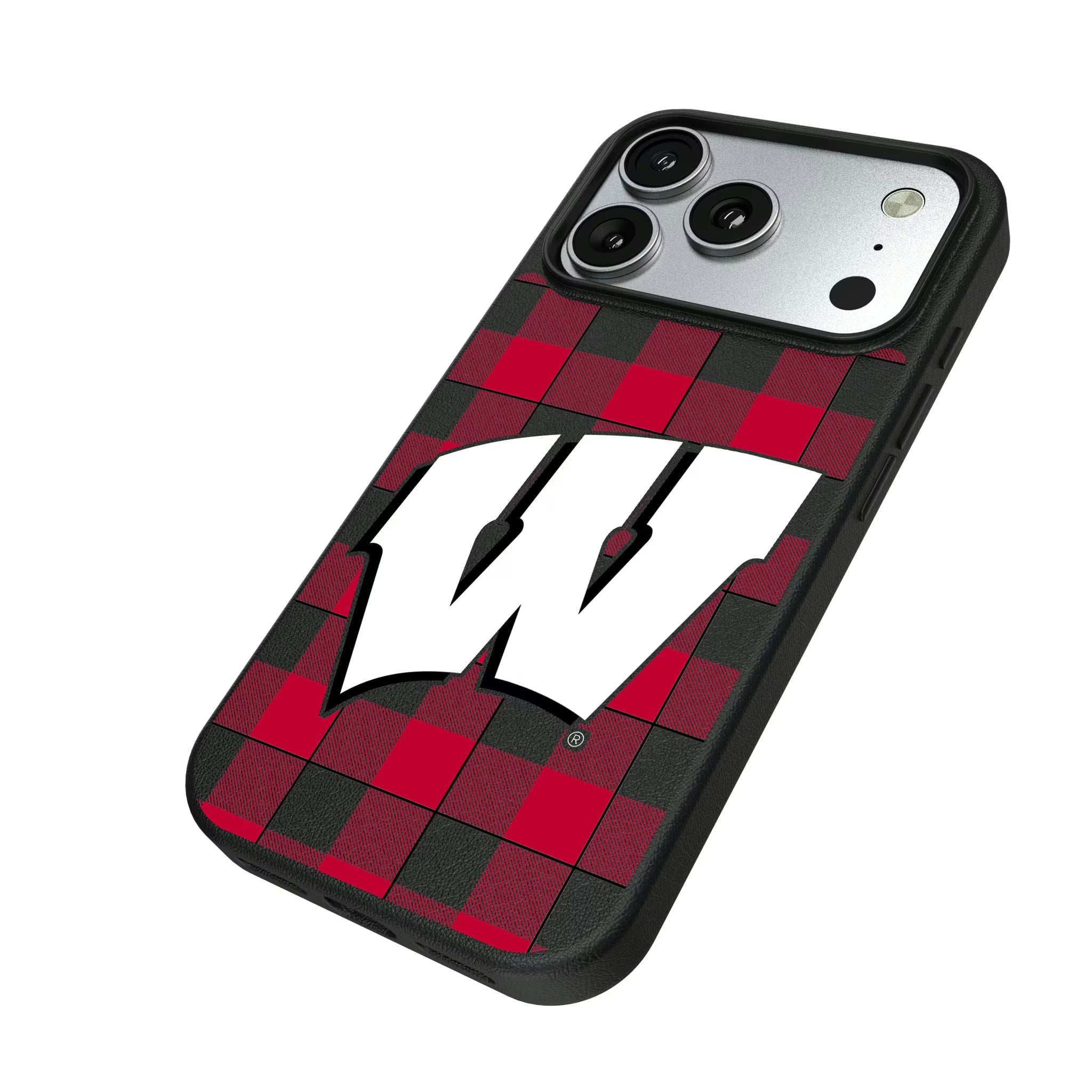 University of Wisconsin Badgers Plaid iPhone MagSafe Compatible Phone Case for Apple iPhone - Isometric View#Device_iPhone 17 Pro