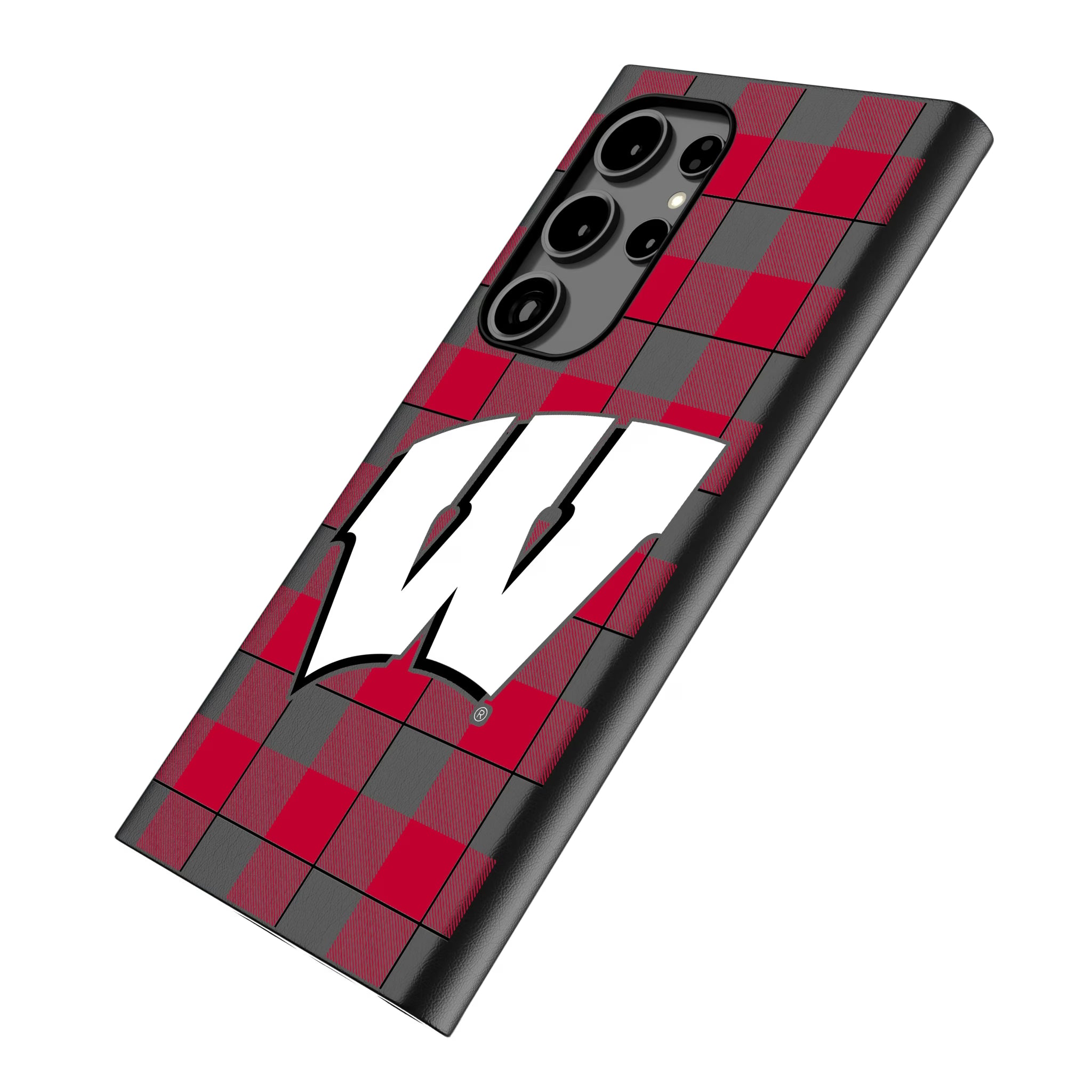 University of Wisconsin Badgers Plaid Galaxy MagSafe Compatible Phone Case for Samsung Galaxy - Isometric View