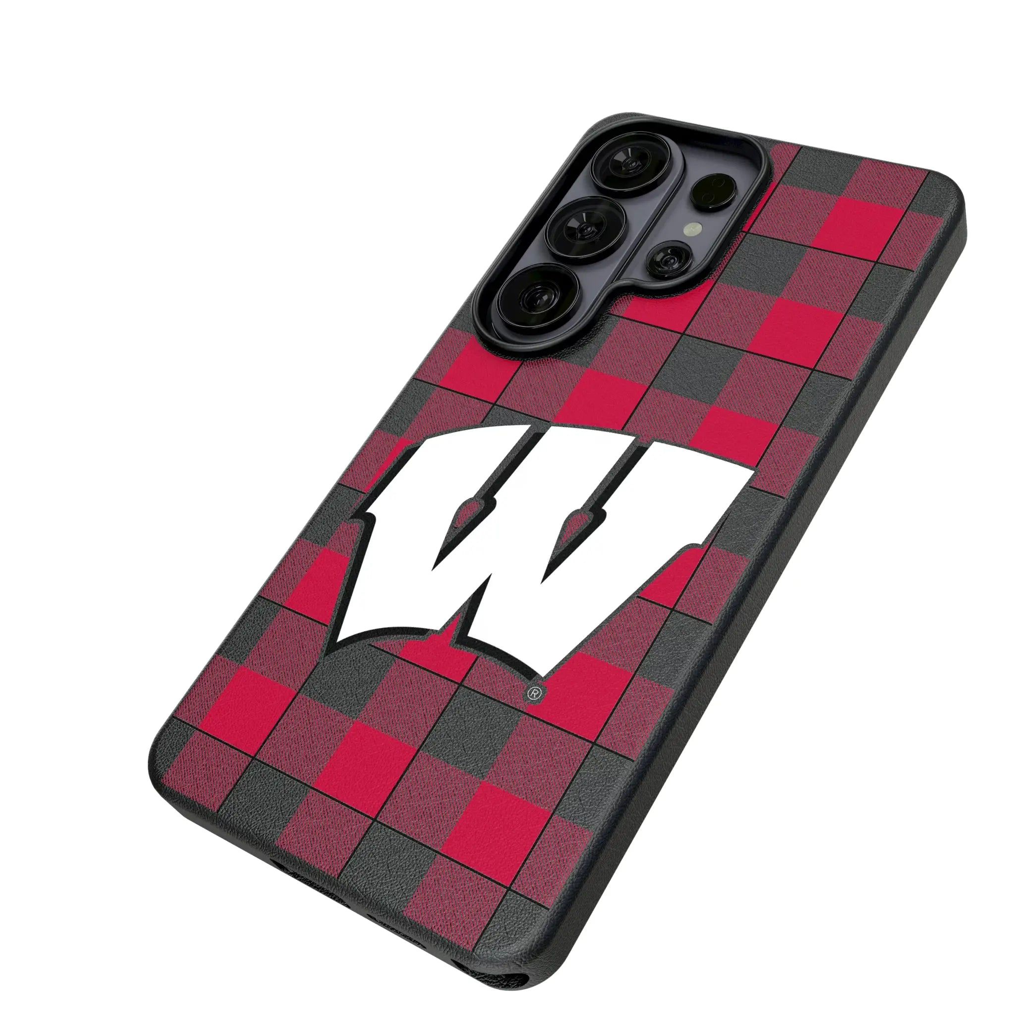 University of Wisconsin Badgers Plaid Galaxy MagSafe Compatible Phone Case for Samsung Galaxy - Isometric View#Device_Galaxy S26 Ultra