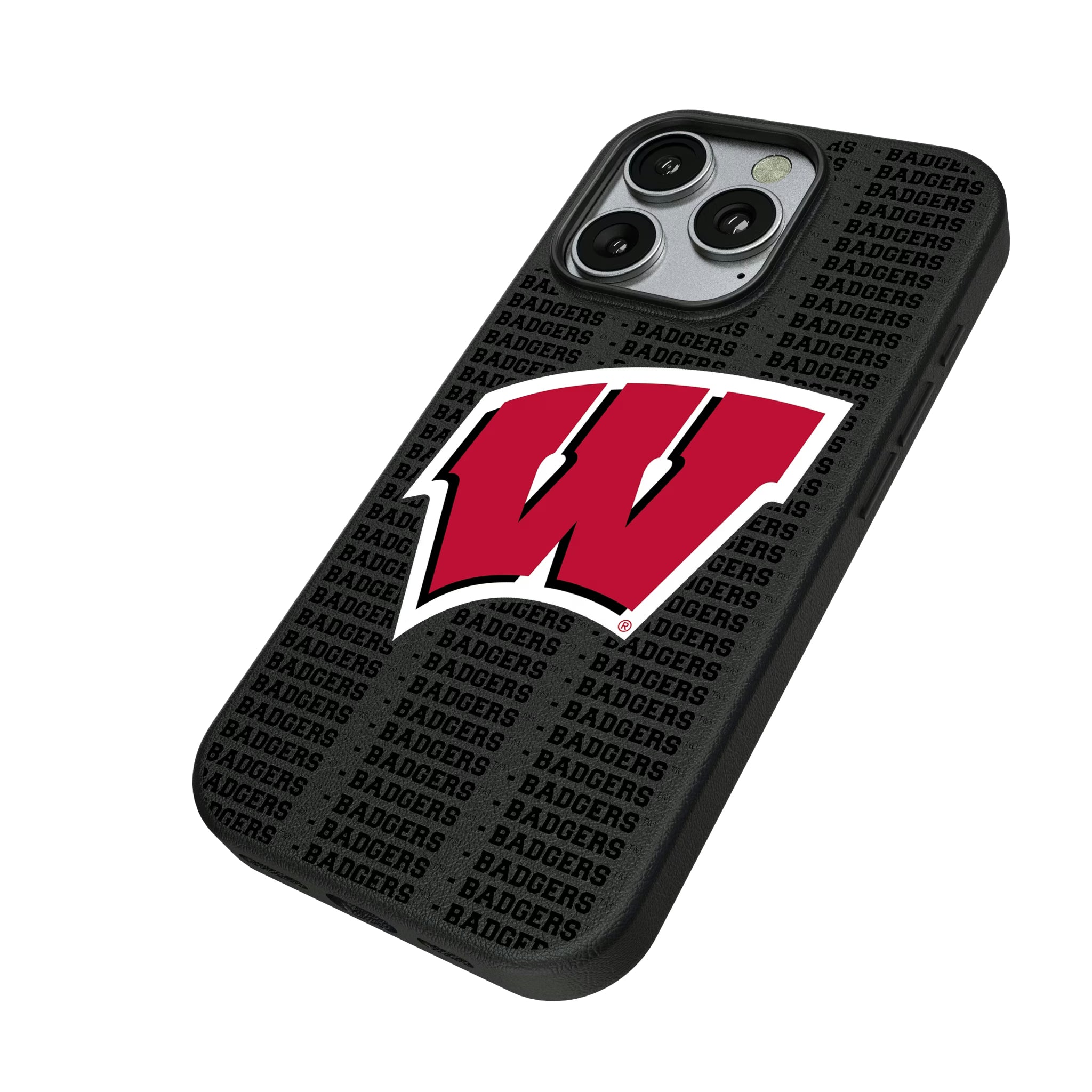 University of Wisconsin Badgers Text Backdrop iPhone MagSafe Compatible Phone Case for Apple iPhone - Isometric View