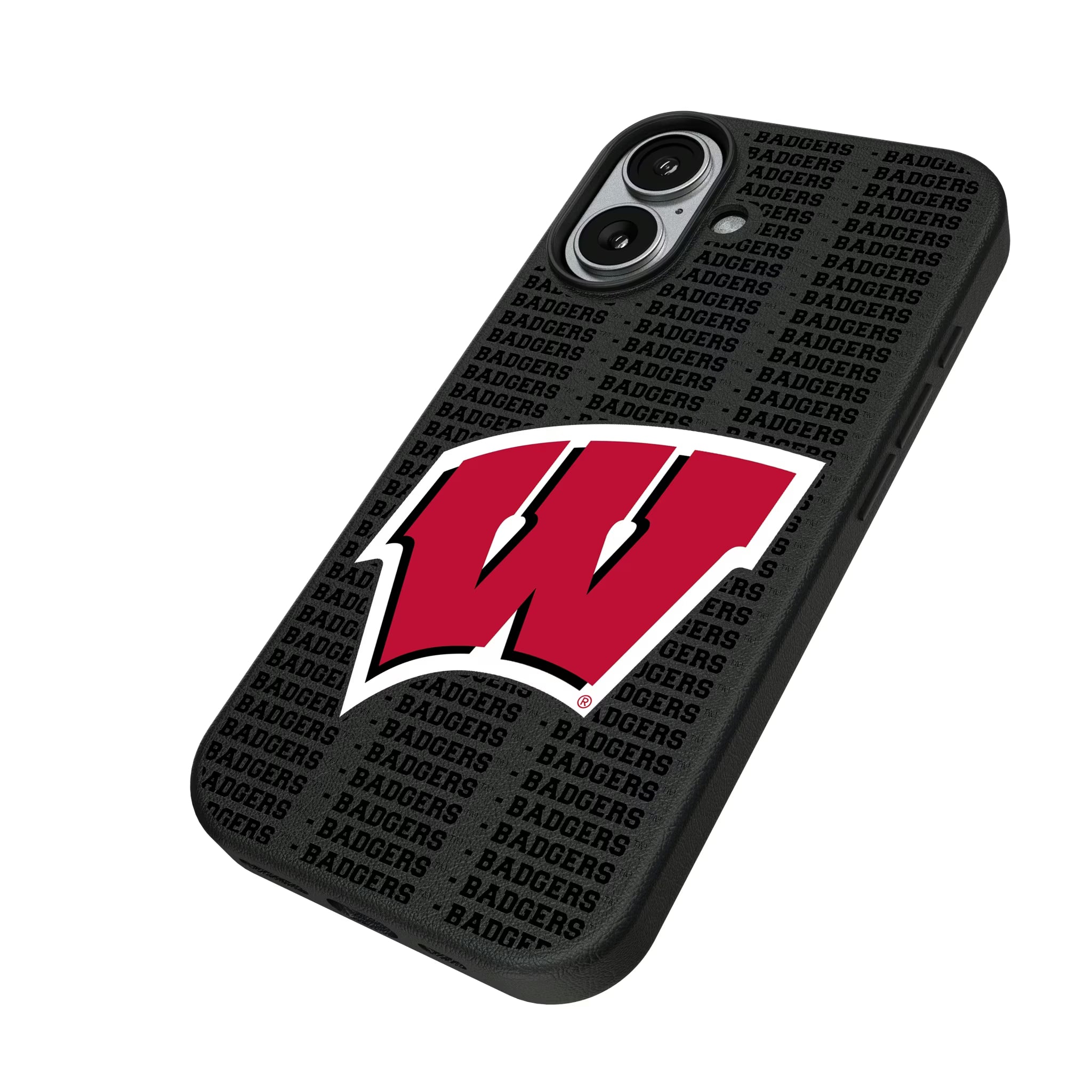 University of Wisconsin Badgers Text Backdrop iPhone MagSafe Compatible Phone Case for Apple iPhone - Isometric View#Device_iPhone 17