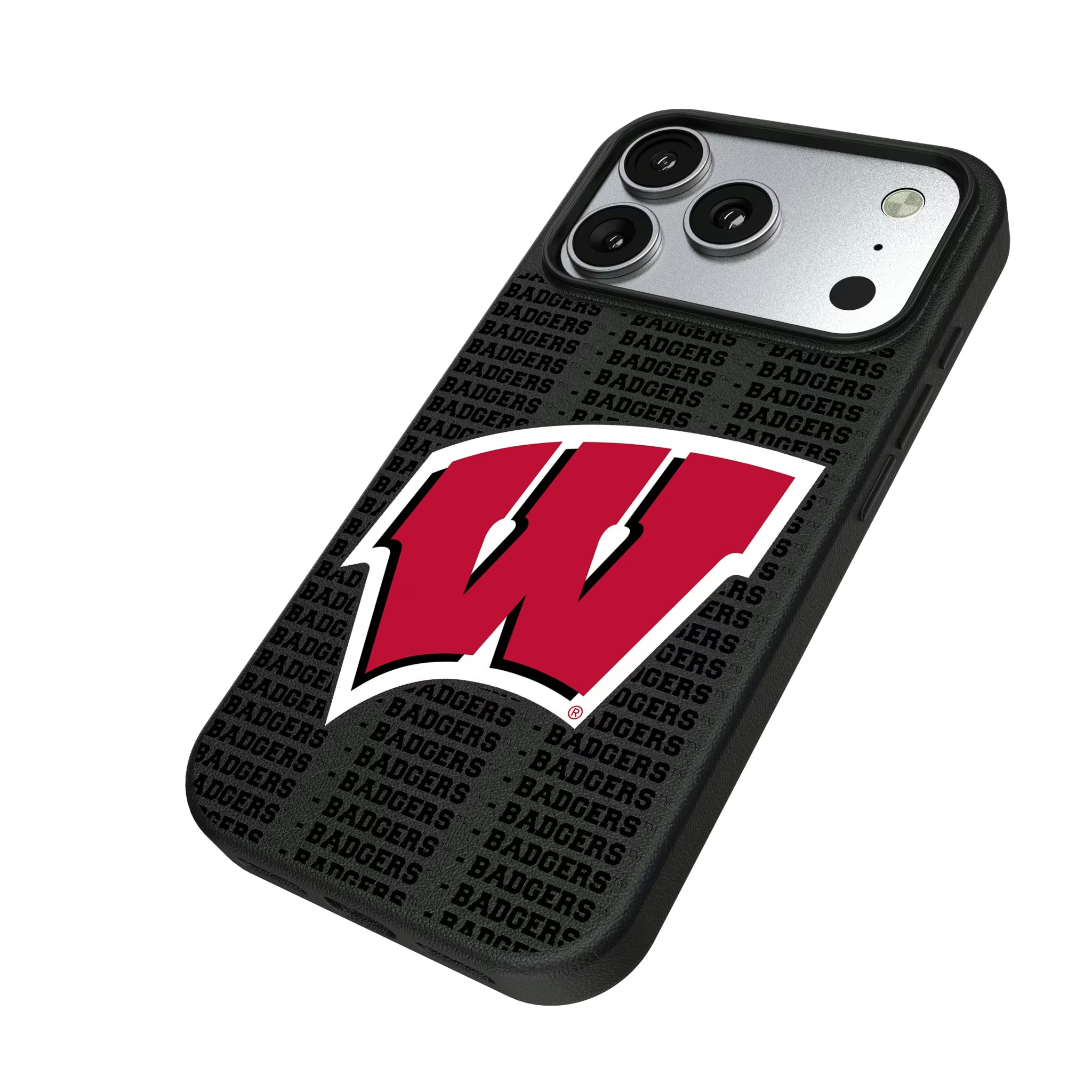 University of Wisconsin Badgers Text Backdrop iPhone MagSafe Compatible Phone Case for Apple iPhone - Isometric View#Device_iPhone 17 Pro