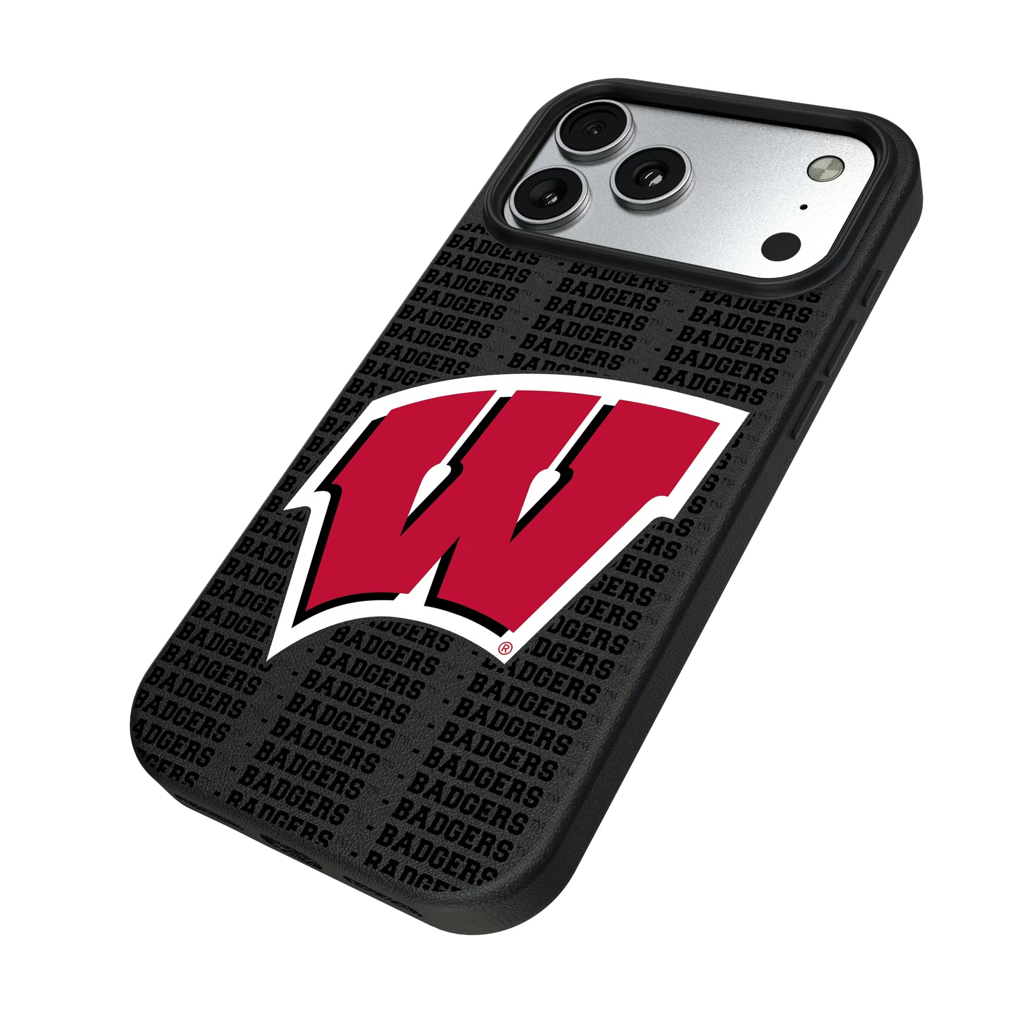 University of Wisconsin Badgers Text Backdrop iPhone MagSafe Compatible Phone Case for Apple iPhone - Isometric View#Device_iPhone 17 Pro Max