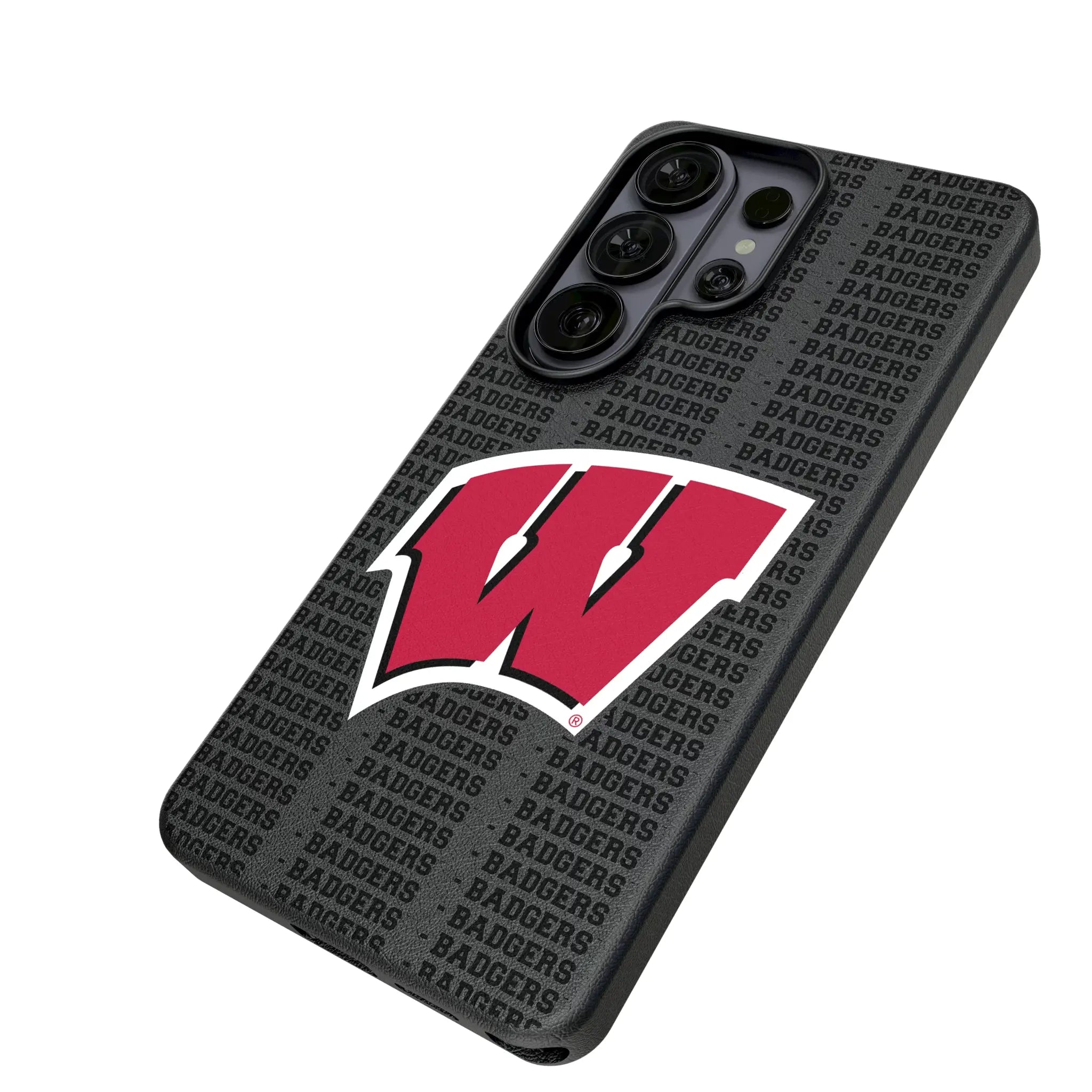 University of Wisconsin Badgers Text Backdrop Galaxy MagSafe Compatible Phone Case for Samsung Galaxy - Isometric View#Device_Galaxy S26 Ultra
