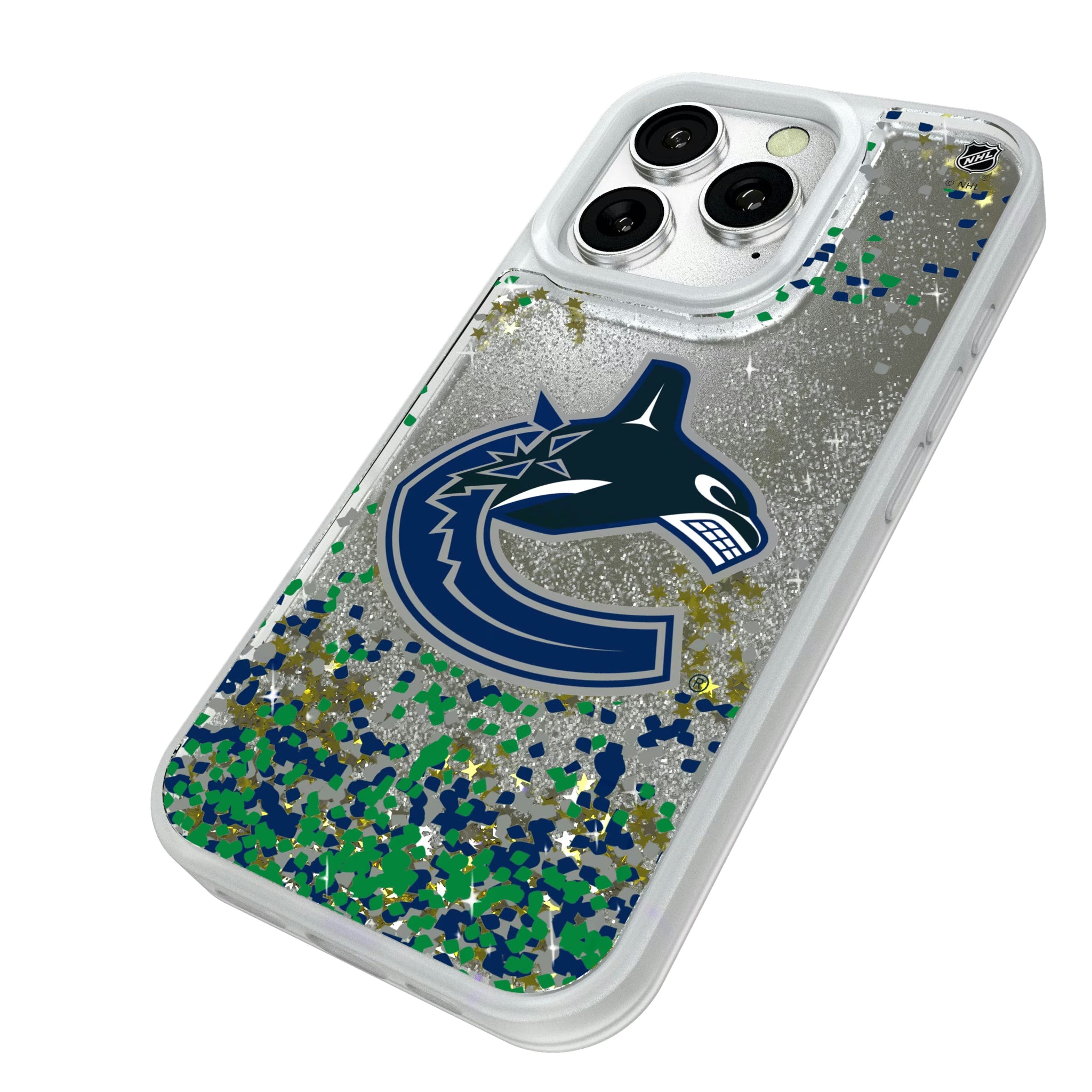 Vancouver Canucks Confetti iPhone Glitter Phone Case for Apple iPhone - Isometric View#Device_iPhone 16 Pro