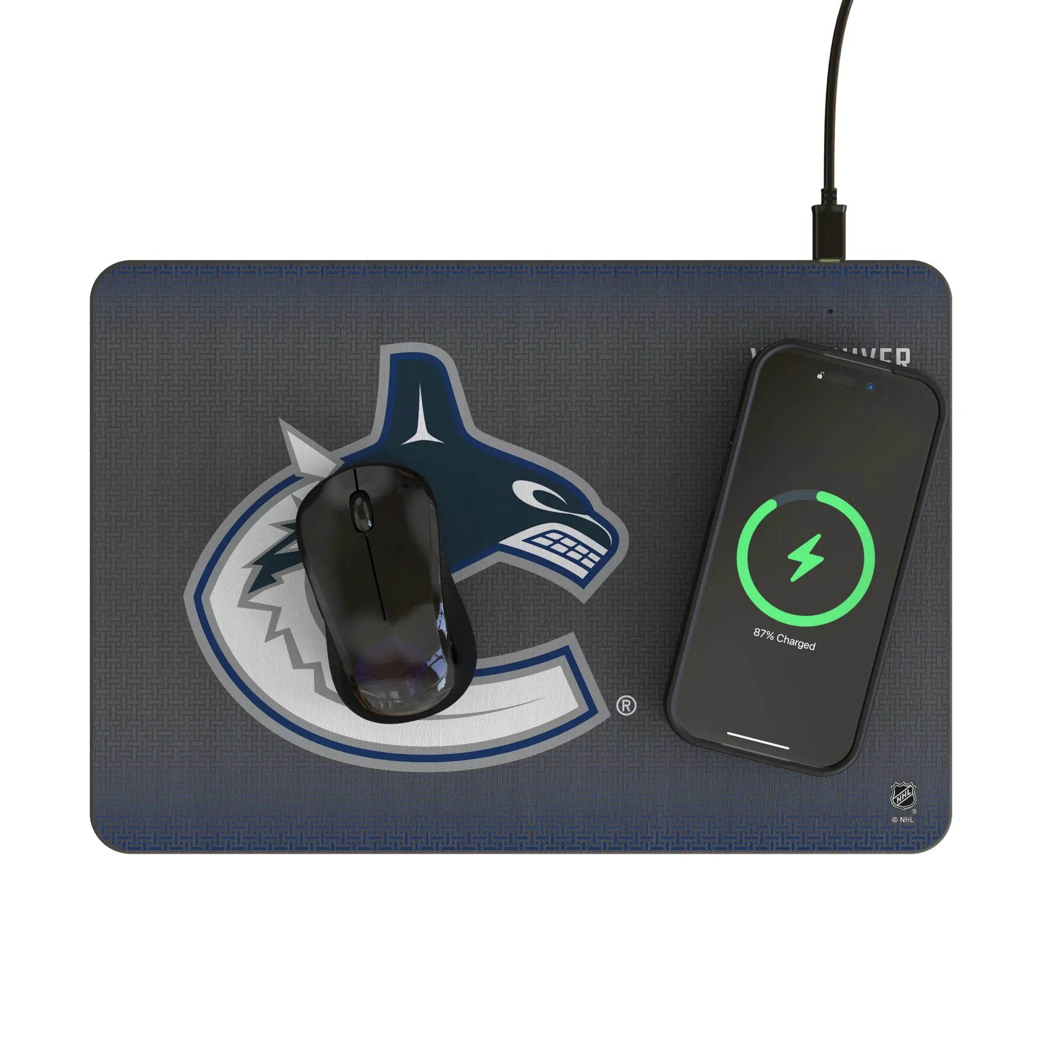 Vancouver Canucks Linen 15-Watt Wireless Charger and Mouse Pad - Lifestyle