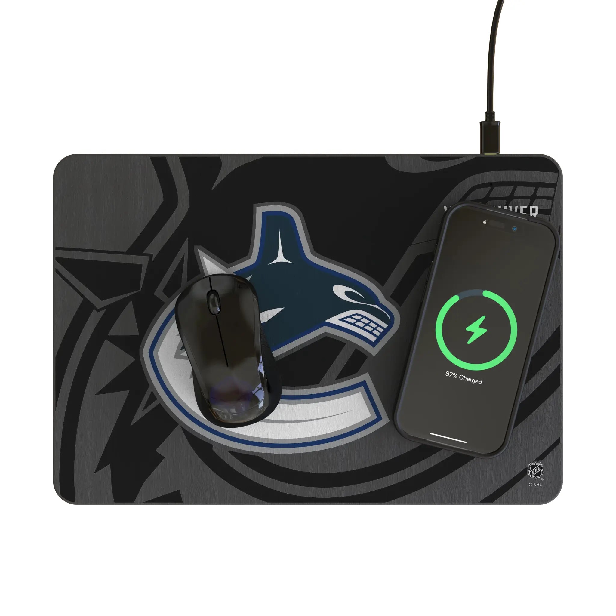 Vancouver Canucks Monocolor Tilt 15-Watt Wireless Charger and Mouse Pad - Lifestyle