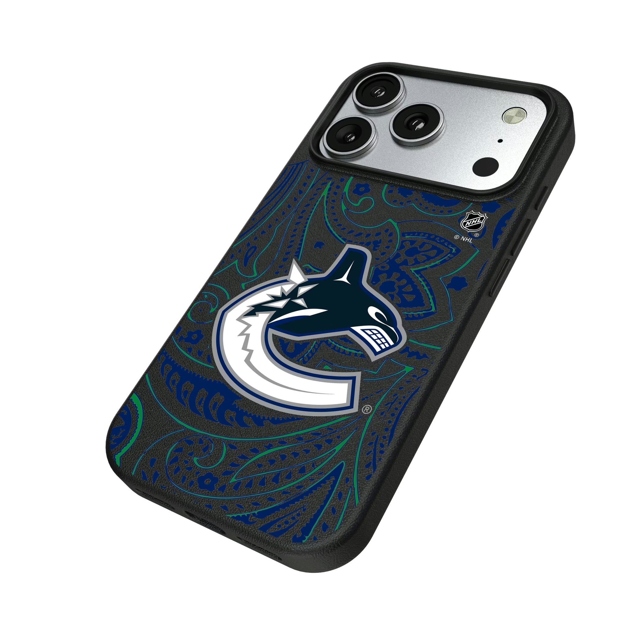 Vancouver Canucks Paisley iPhone MagSafe Compatible Phone Case for Apple iPhone - Isometric View#Device_iPhone 17 Pro