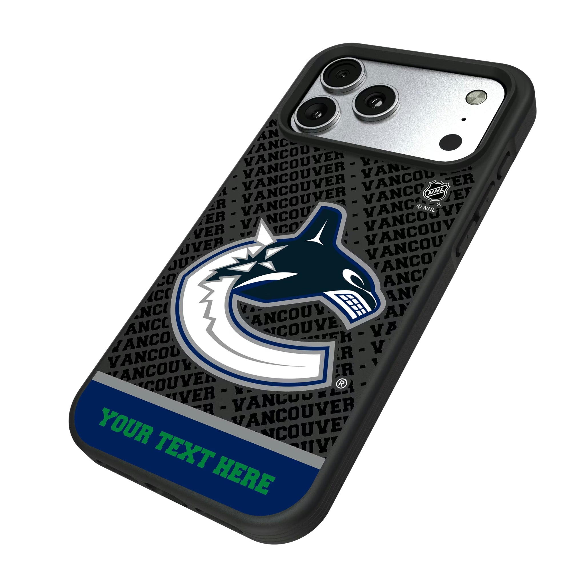 Vancouver Canucks Personalized EndZone Plus iPhone Bump Phone Case for Apple iPhone - Isometric View#Device_iPhone 17 Pro Max