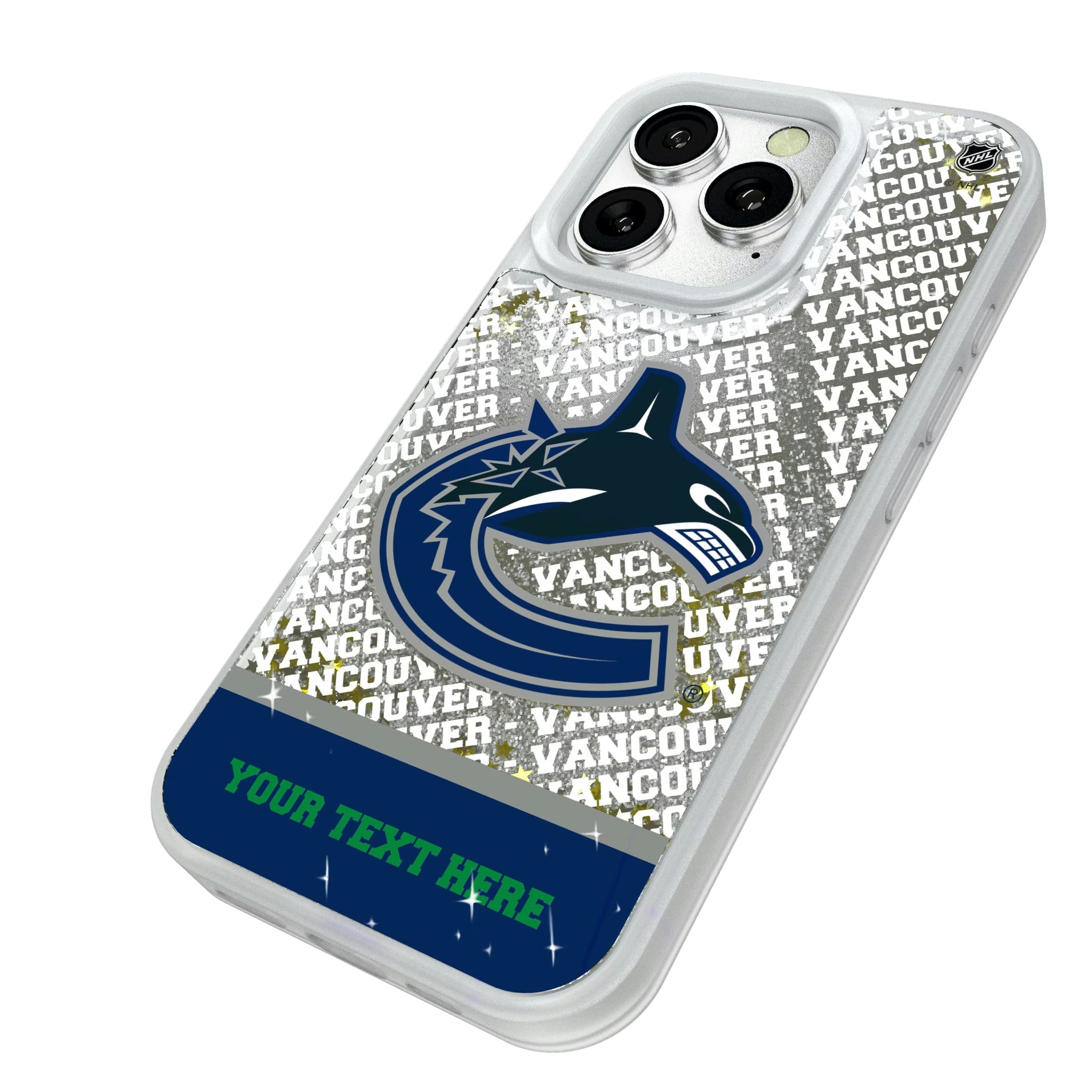Vancouver Canucks Personalized EndZone Plus iPhone Glitter Phone Case for Apple iPhone - Isometric View#Device_iPhone 16 Pro