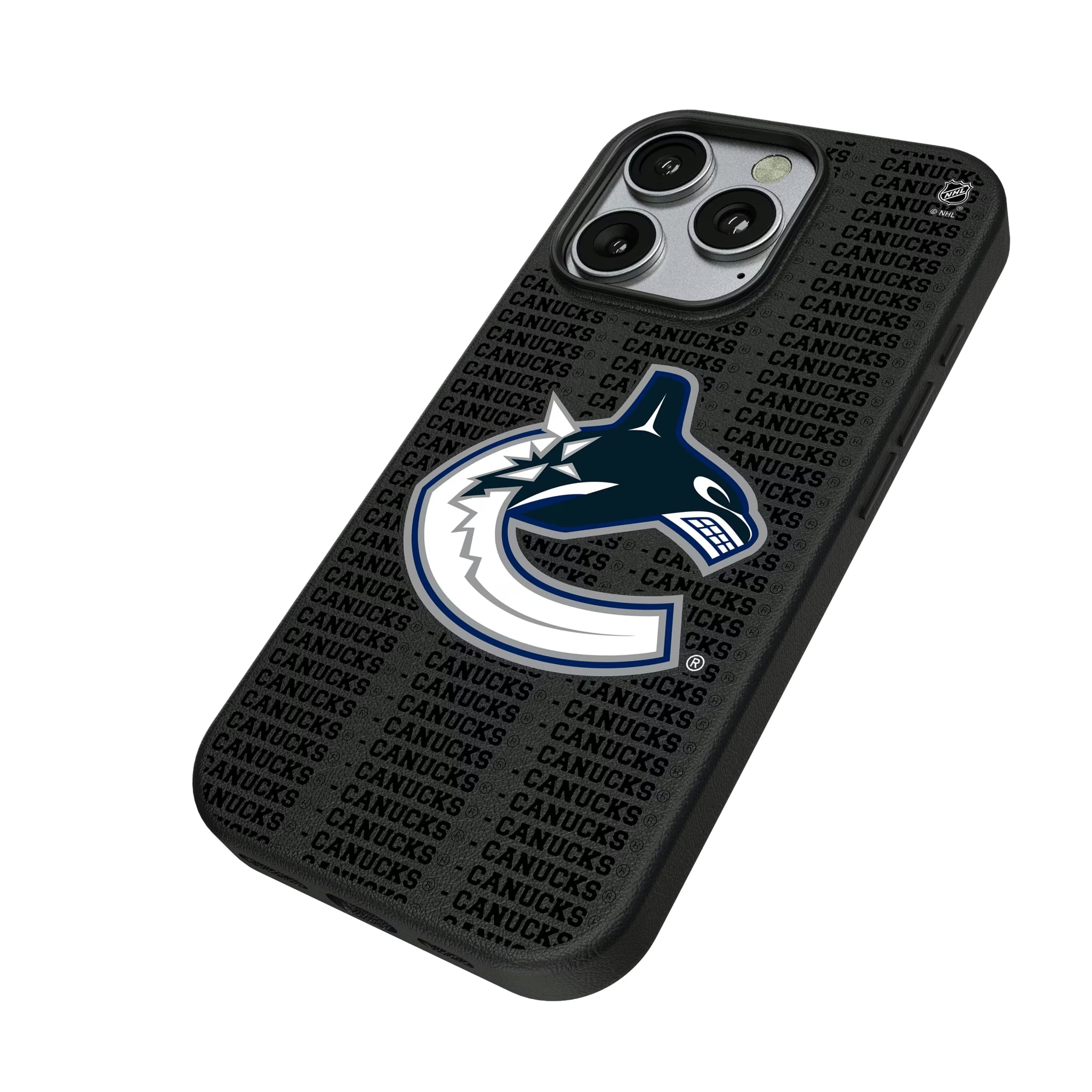 Vancouver Canucks Text Backdrop iPhone MagSafe Compatible Phone Case for Apple iPhone - Isometric View
