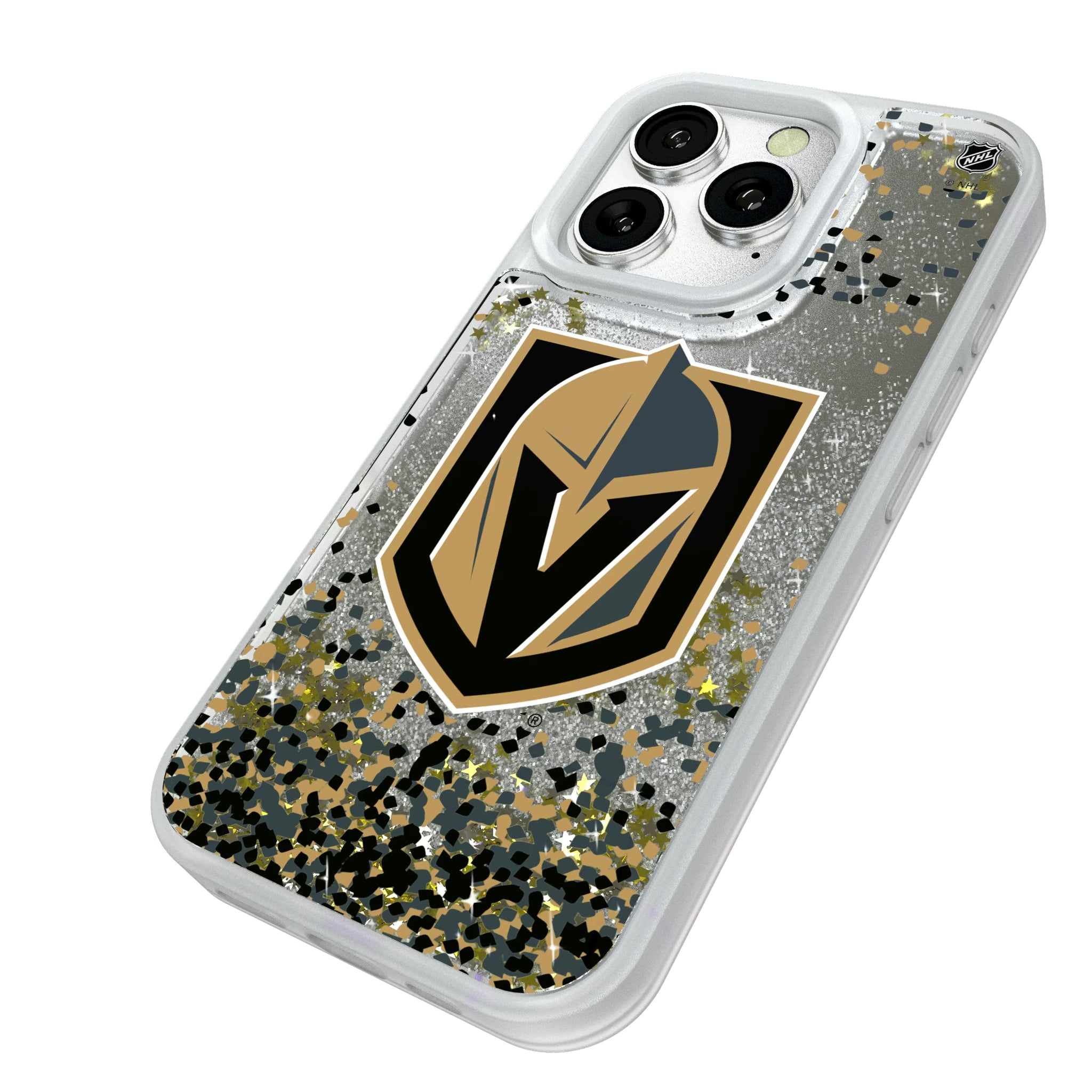 Vegas Golden Knights Confetti iPhone Glitter Phone Case for Apple iPhone - Isometric View#Device_iPhone 16 Pro
