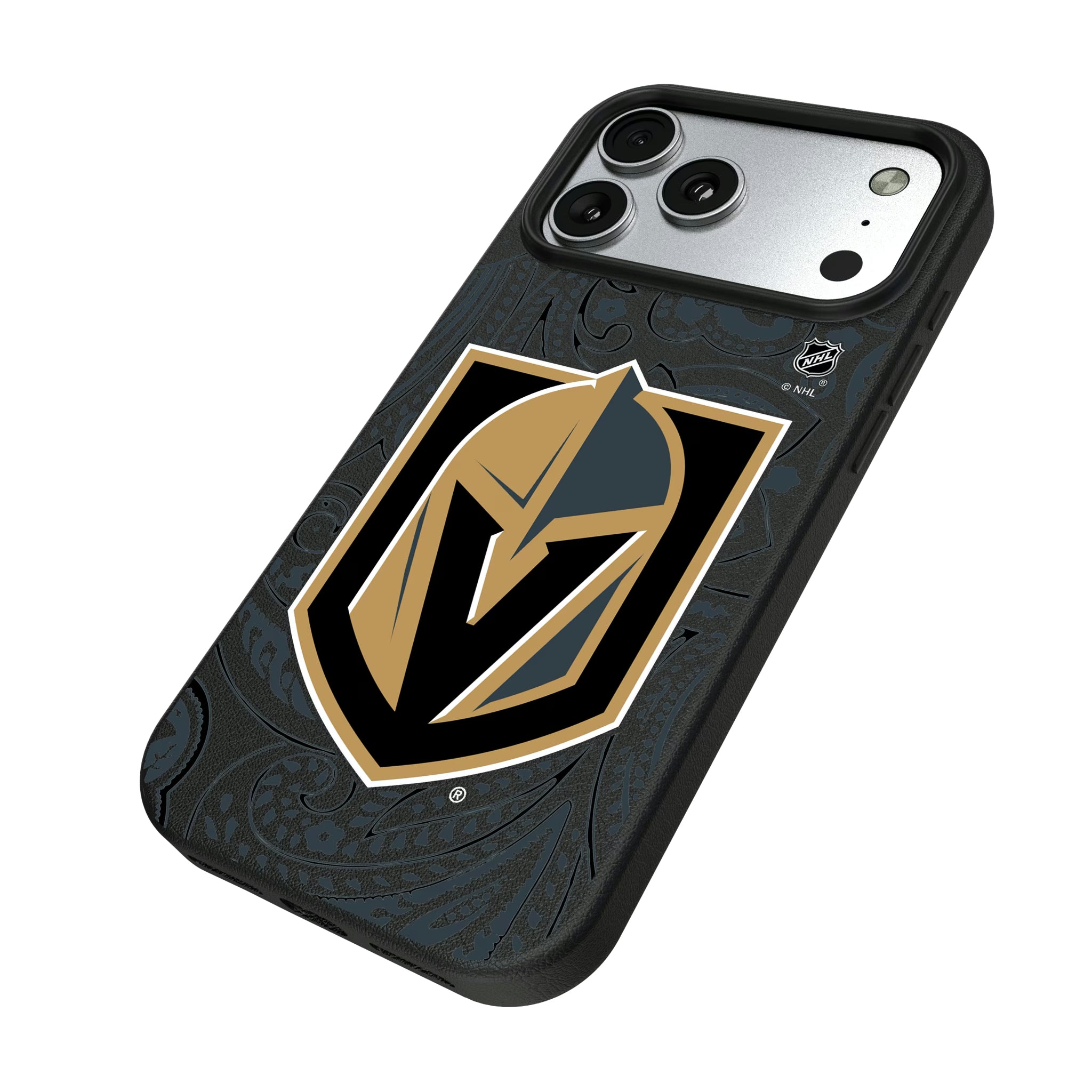Vegas Golden Knights Paisley iPhone MagSafe Compatible Phone Case for Apple iPhone - Isometric View#Device_iPhone 17 Pro Max