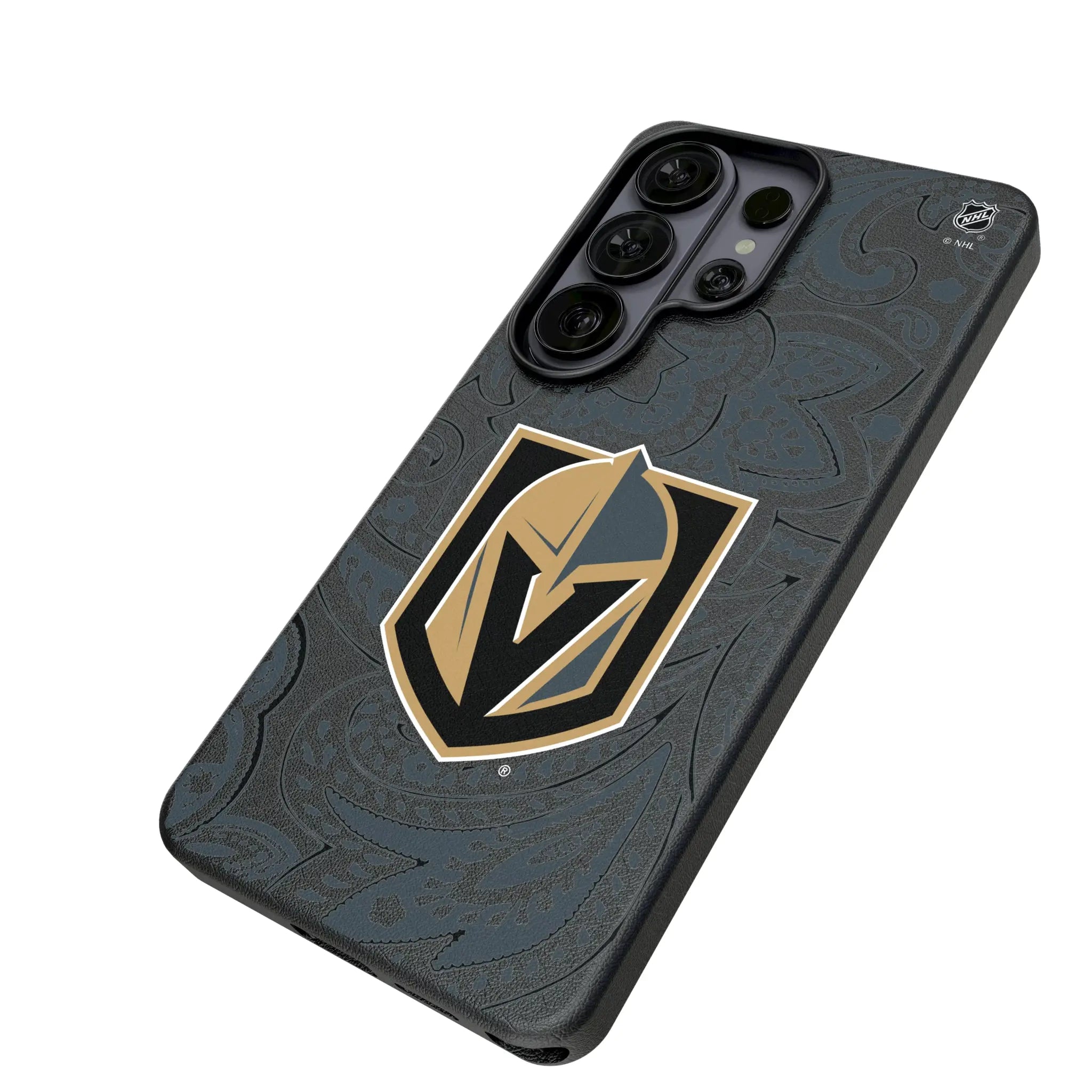 Vegas Golden Knights Paisley Galaxy MagSafe Compatible Phone Case for Samsung Galaxy - Isometric View#Device_Galaxy S26 Ultra