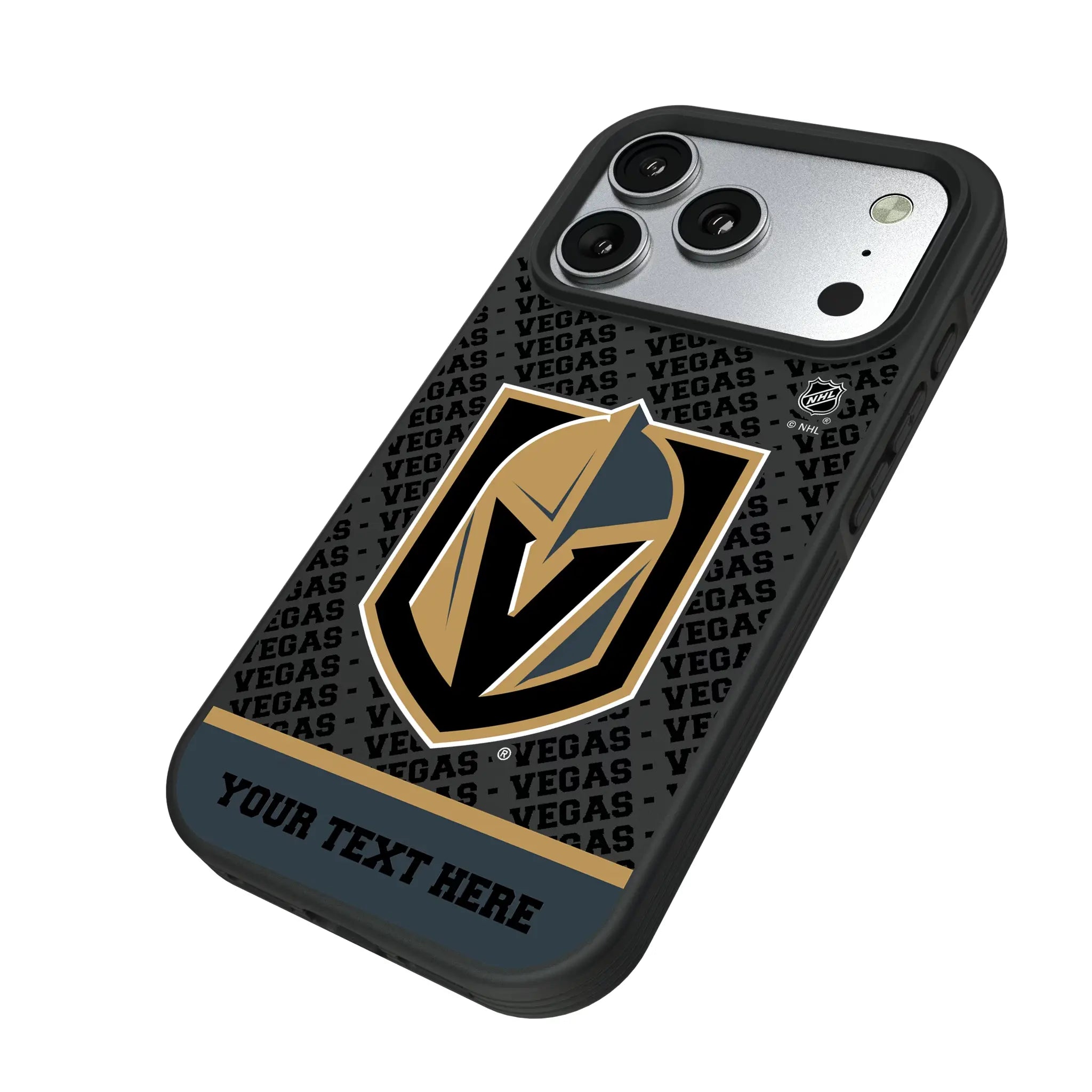 Vegas Golden Knights Personalized EndZone Plus iPhone Bump Phone Case for Apple iPhone - Isometric View#Device_iPhone 17 Pro
