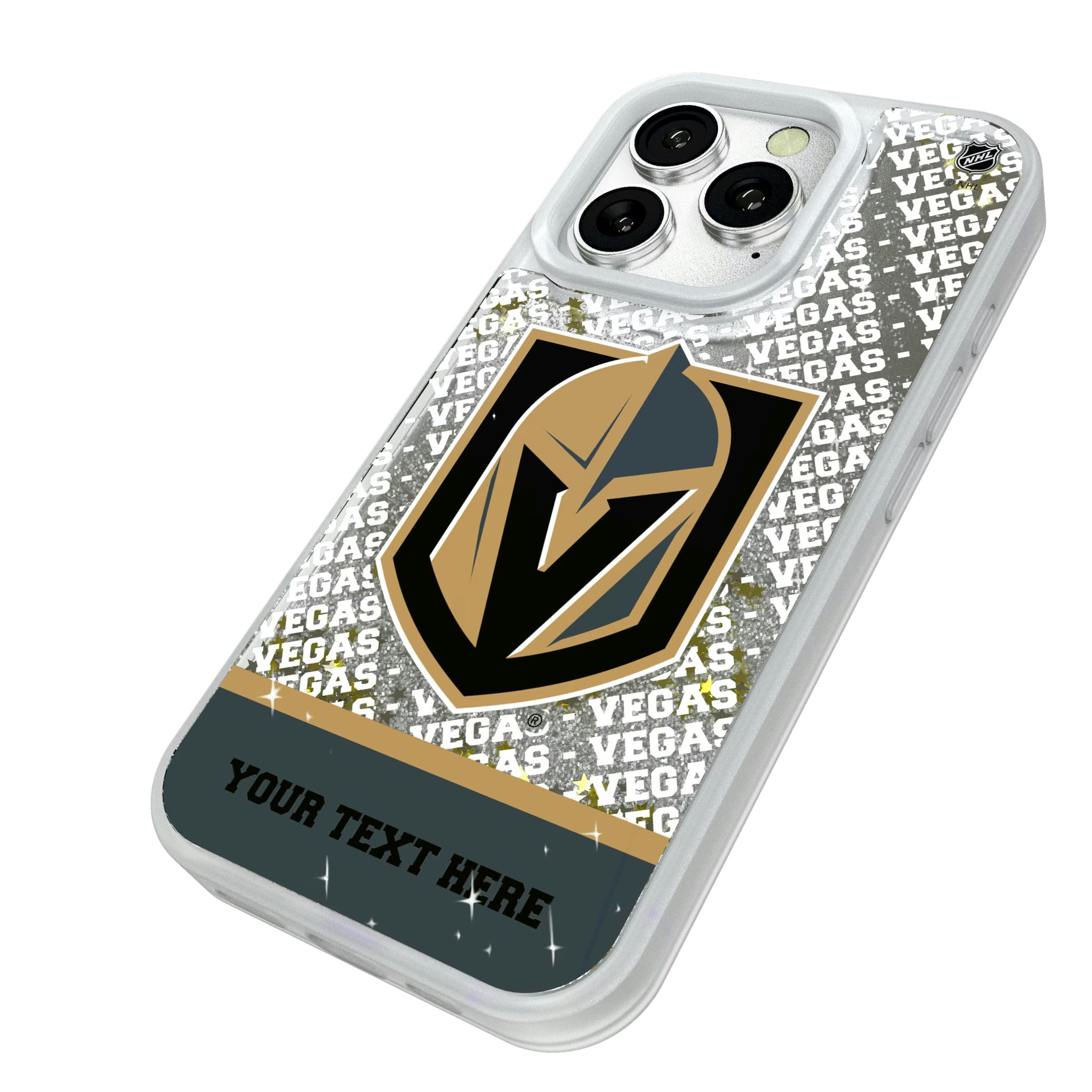 Vegas Golden Knights Personalized EndZone Plus iPhone Glitter Phone Case for Apple iPhone - Isometric View#Device_iPhone 16 Pro
