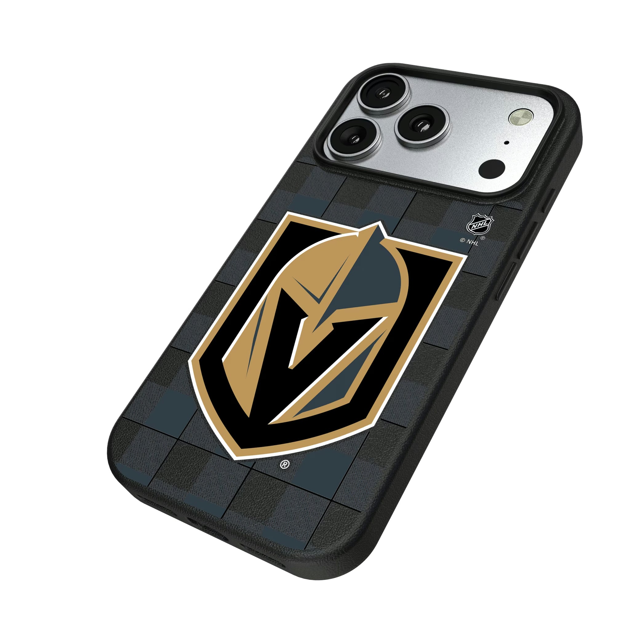 Vegas Golden Knights Plaid iPhone MagSafe Compatible Phone Case for Apple iPhone - Isometric View#Device_iPhone 17 Pro