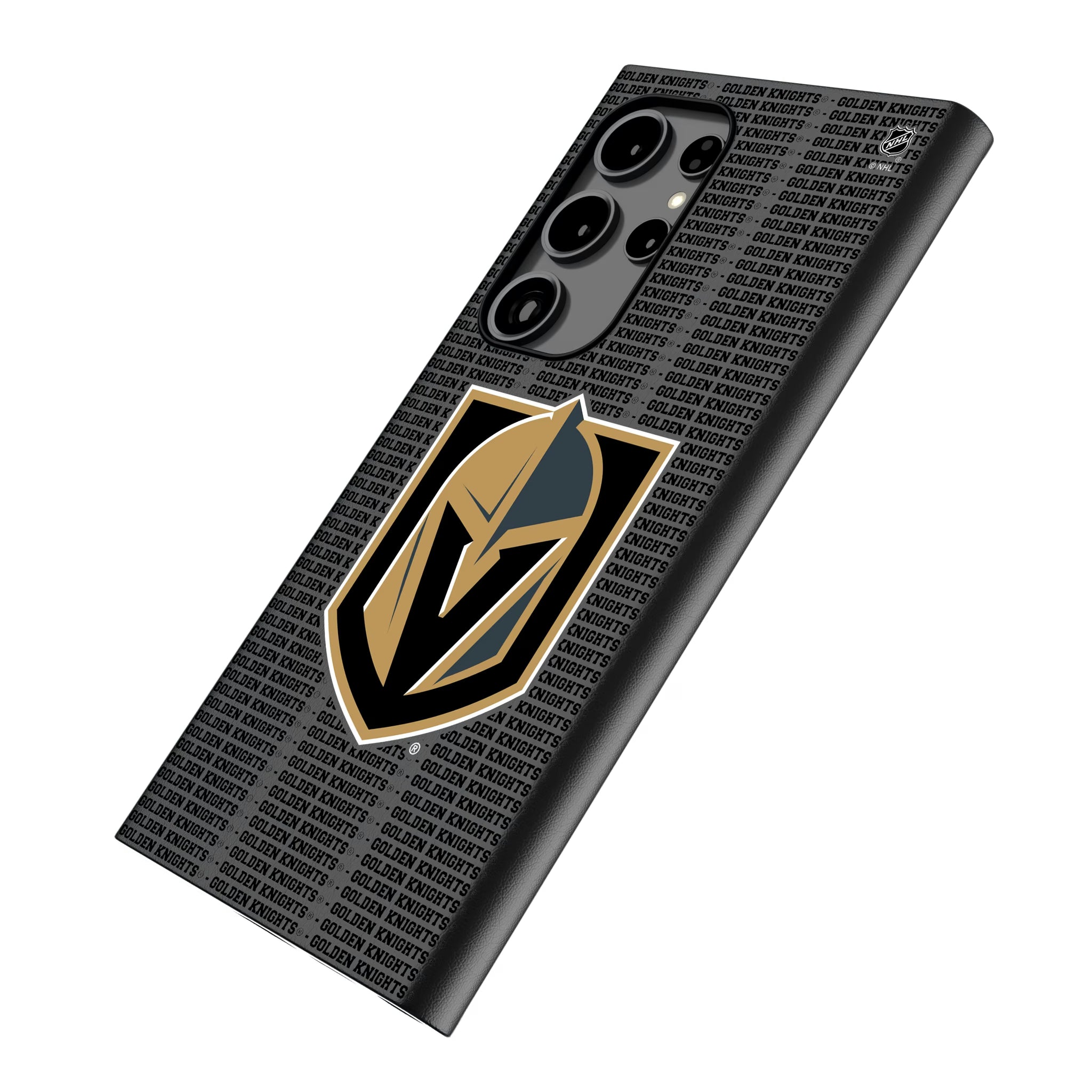 Vegas Golden Knights Text Backdrop Galaxy MagSafe Compatible Phone Case for Samsung Galaxy - Isometric View