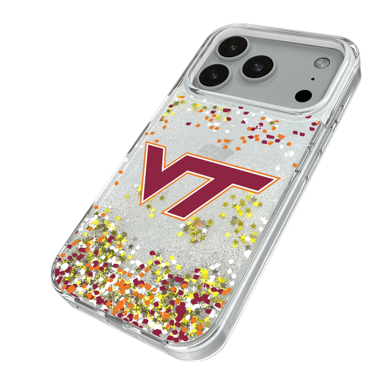 Virginia Tech Hokies Confetti iPhone Glitter Phone Case for Apple iPhone - Isometric View#Device_iPhone 18 Pro