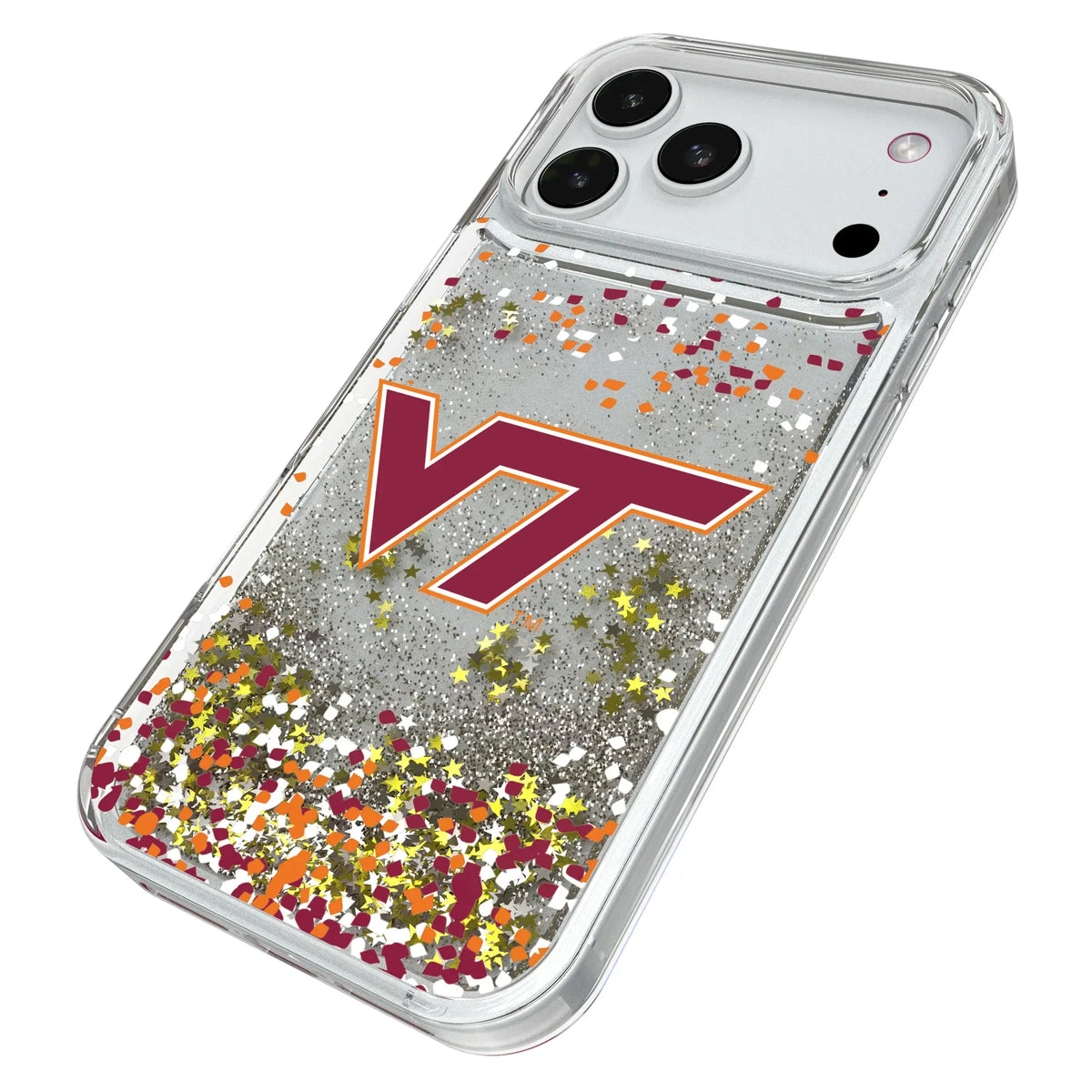 Virginia Tech Hokies Confetti iPhone Glitter Phone Case for Apple iPhone - Isometric View#Device_iPhone 18 Pro Max