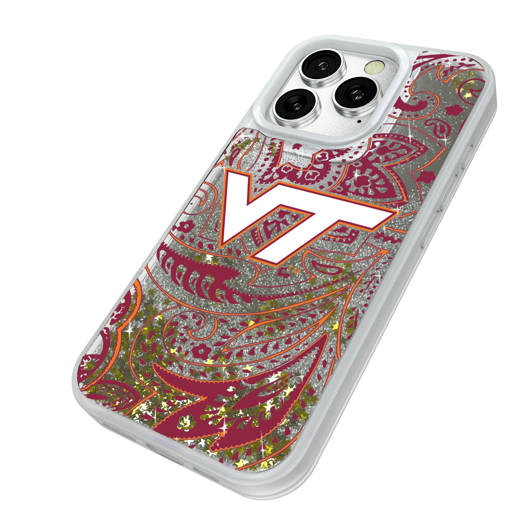 Virginia Tech Hokies Paisley iPhone Glitter Phone Case for Apple iPhone - Isometric View#Device_iPhone 16 Pro