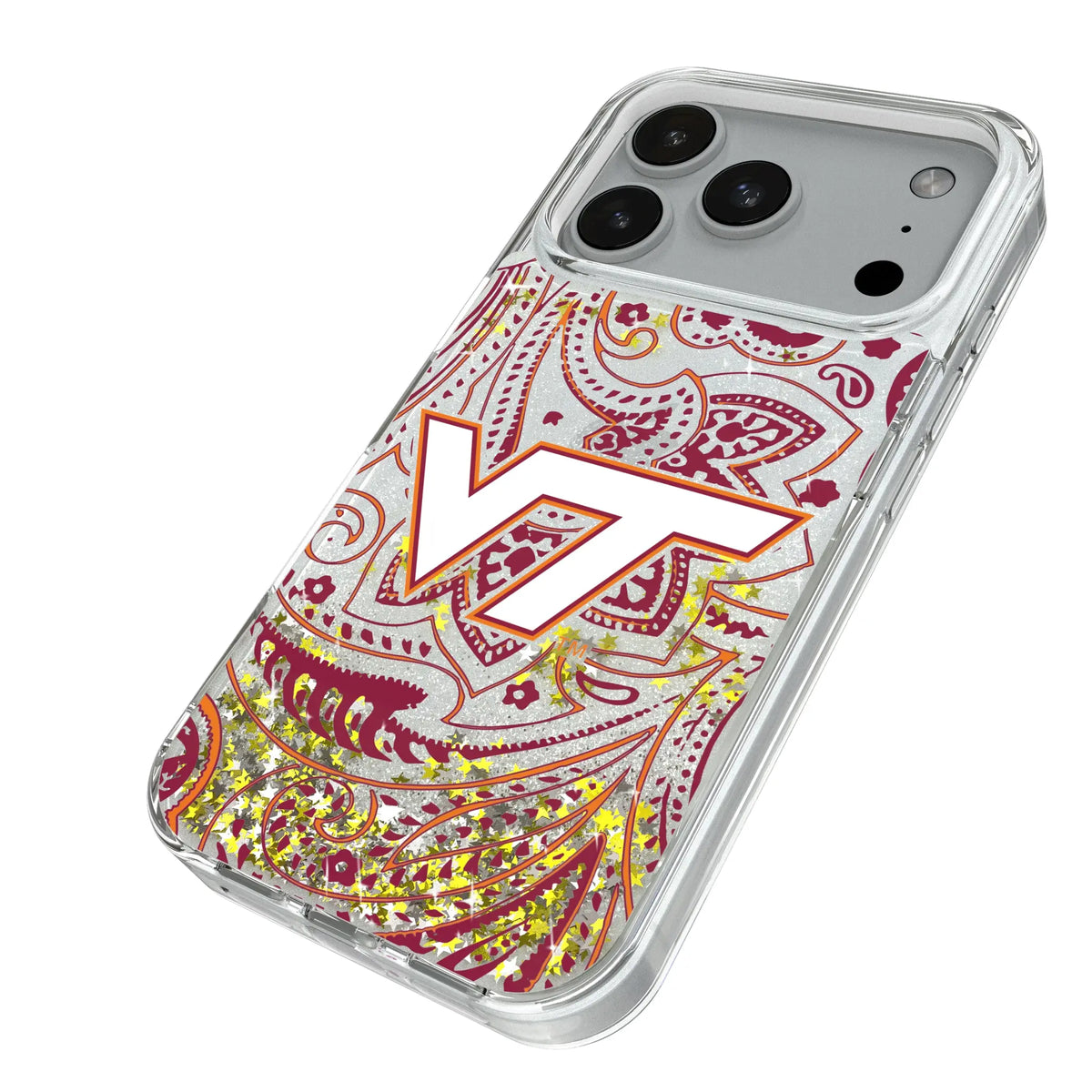 Virginia Tech Hokies Paisley iPhone Glitter Phone Case for Apple iPhone - Isometric View#Device_iPhone 18 Pro