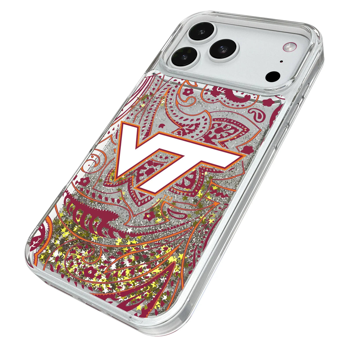 Virginia Tech Hokies Paisley iPhone Glitter Phone Case for Apple iPhone - Isometric View#Device_iPhone 18 Pro Max
