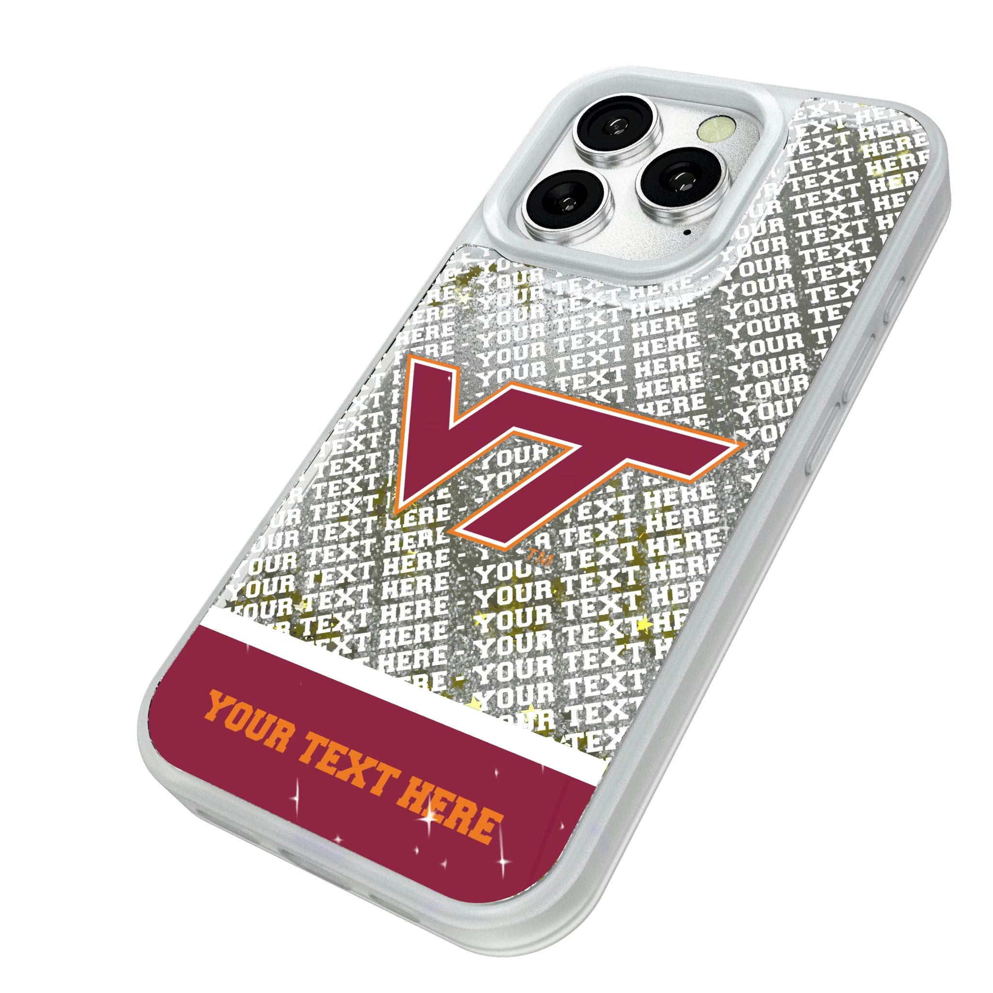 Virginia Tech Hokies Personalized EndZone Plus iPhone Glitter Phone Case for Apple iPhone - Isometric View#Device_iPhone 16 Pro