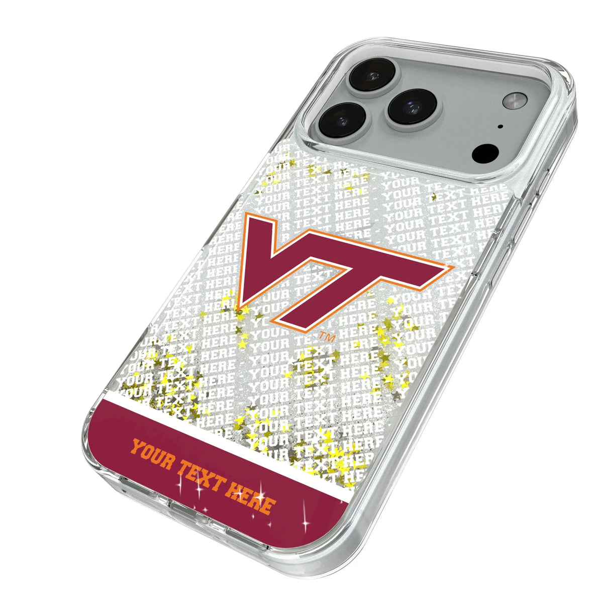 Virginia Tech Hokies Personalized EndZone Plus iPhone Glitter Phone Case for Apple iPhone - Isometric View#Device_iPhone 18 Pro