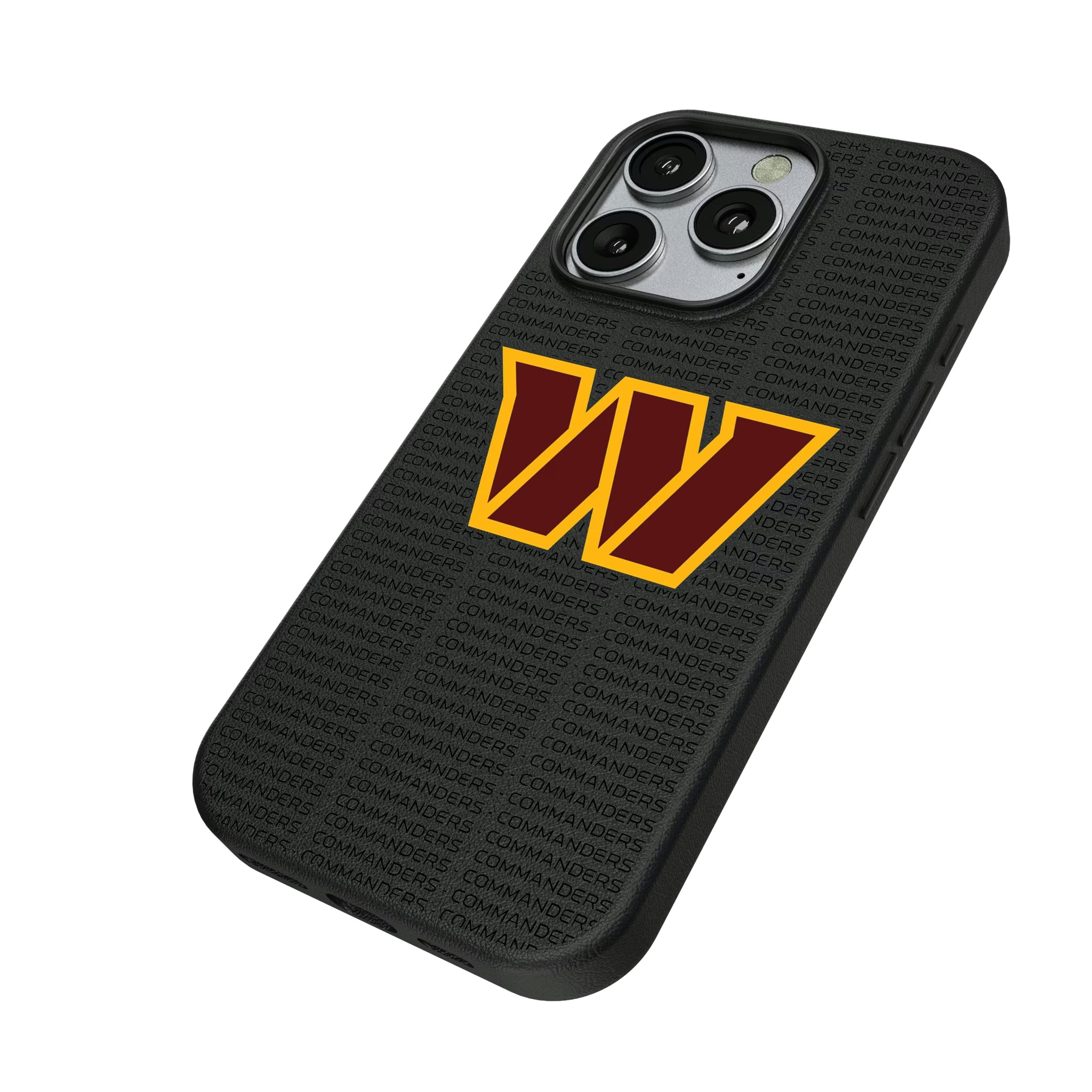 Washington Commanders Text Backdrop iPhone MagSafe Compatible Phone Case for Apple iPhone - Isometric View