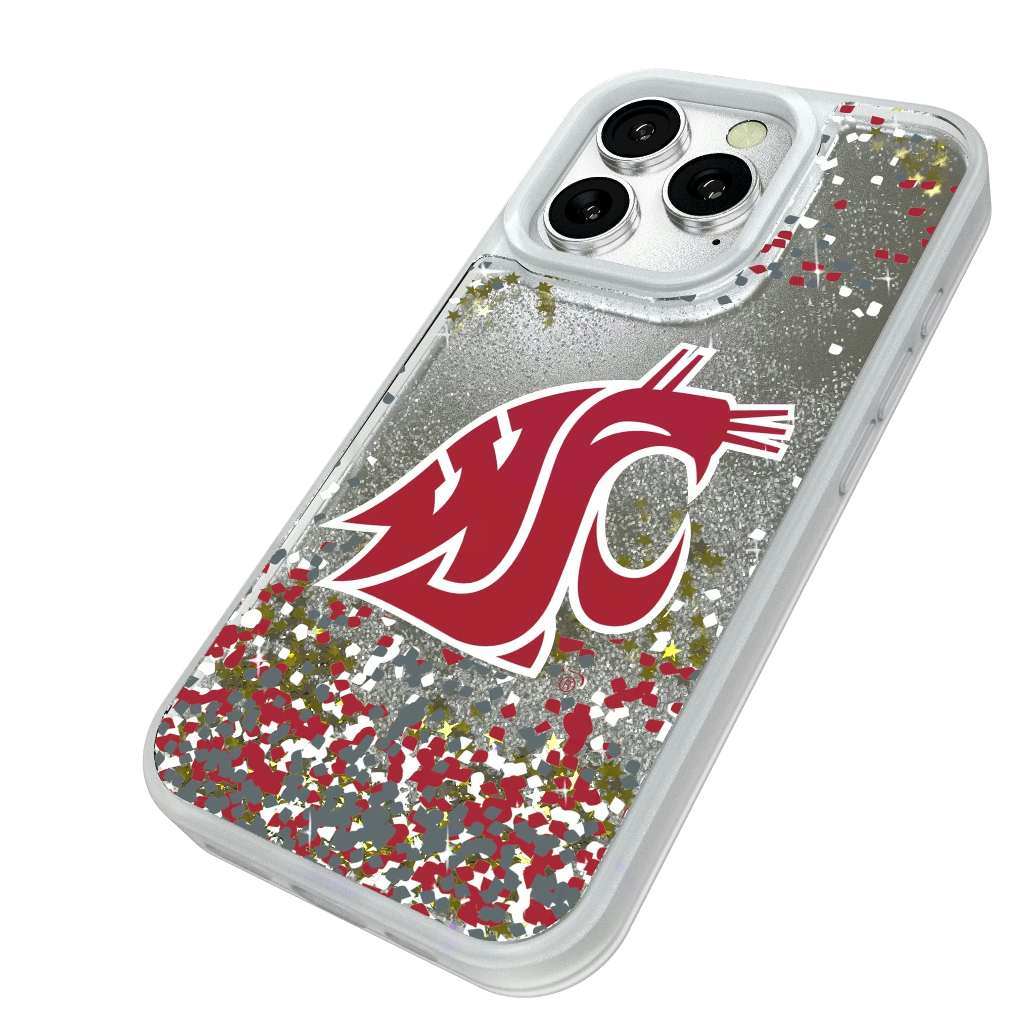 Washington State University Cougars Confetti iPhone Glitter Phone Case for Apple iPhone - Isometric View#Device_iPhone 16 Pro