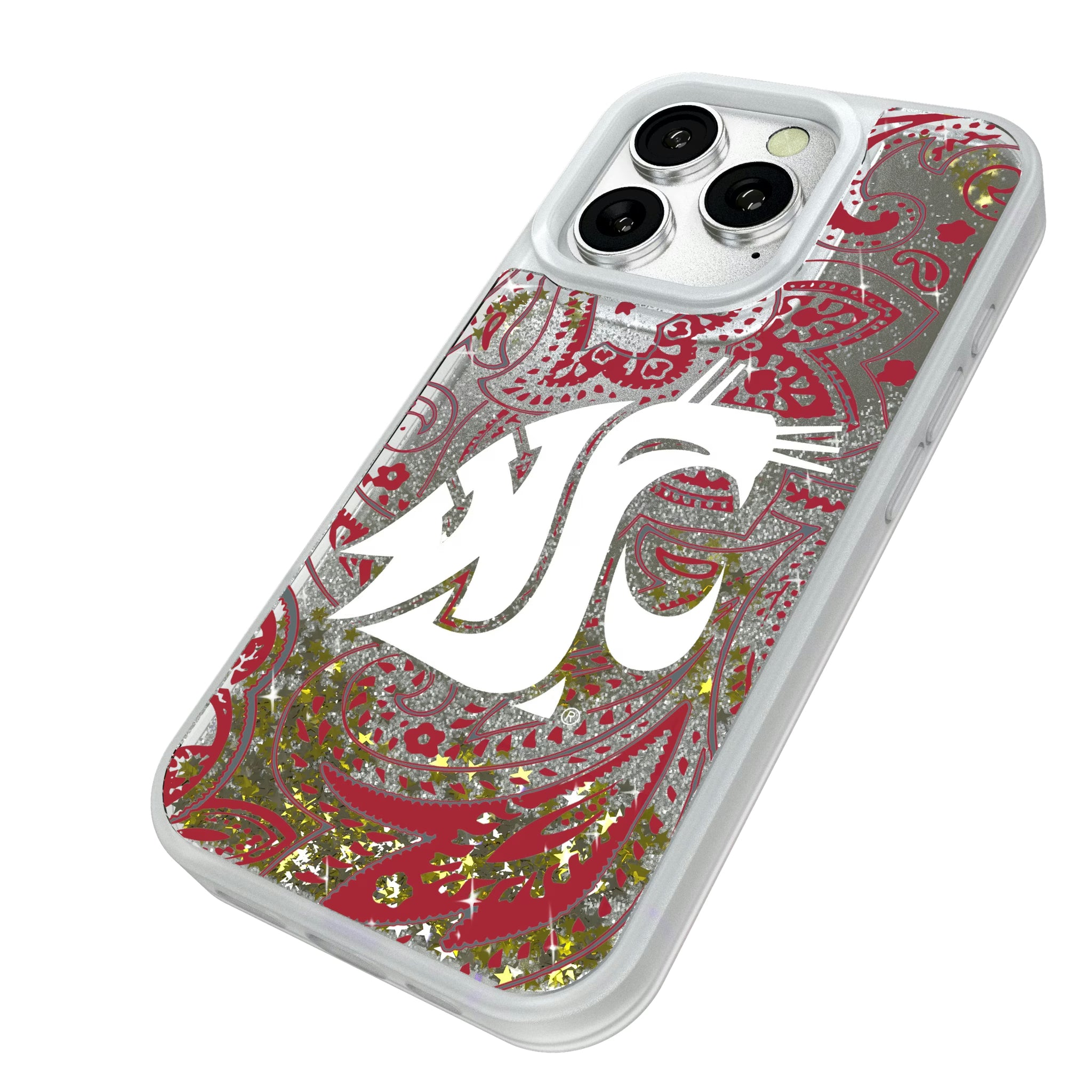 Washington State University Cougars Paisley iPhone Glitter Phone Case for Apple iPhone - Isometric View#Device_iPhone 16 Pro