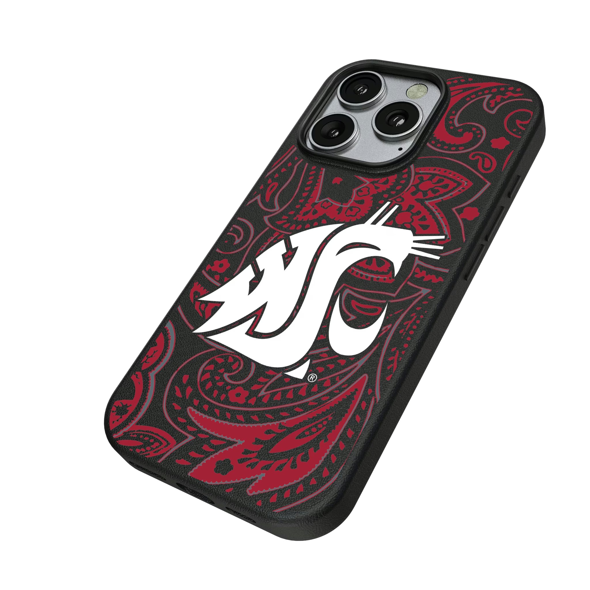 Washington State University Cougars Paisley iPhone MagSafe Compatible Phone Case for Apple iPhone - Isometric View