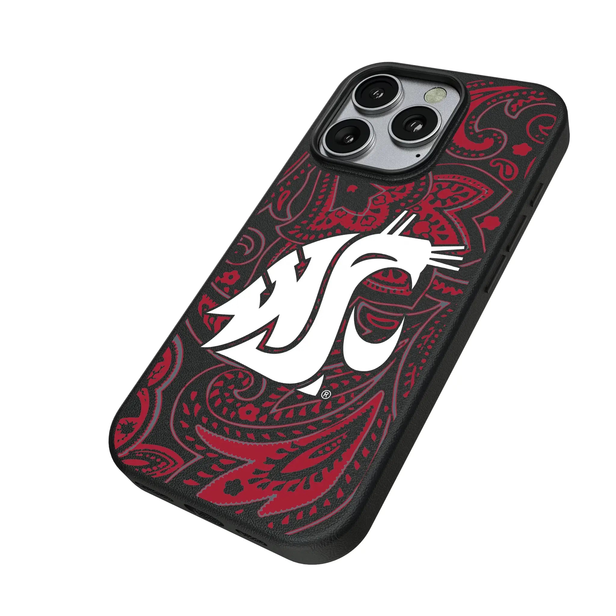 Washington State University Cougars Paisley iPhone MagSafe Compatible Phone Case for Apple iPhone - Isometric View