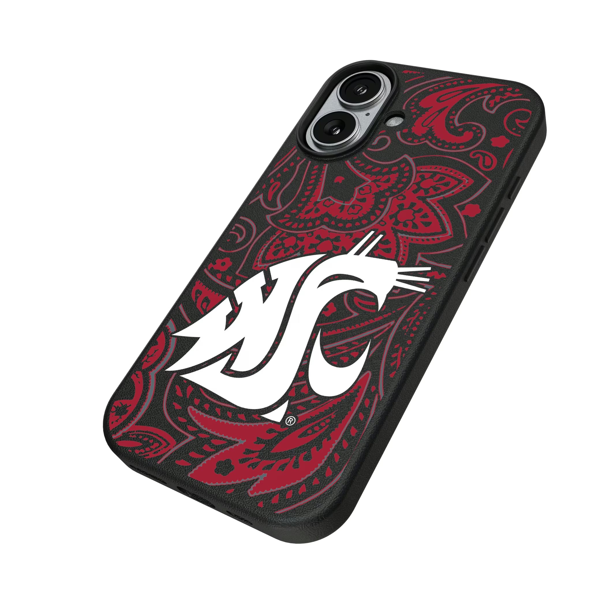 Washington State University Cougars Paisley iPhone MagSafe Compatible Phone Case for Apple iPhone - Isometric View#Device_iPhone 17