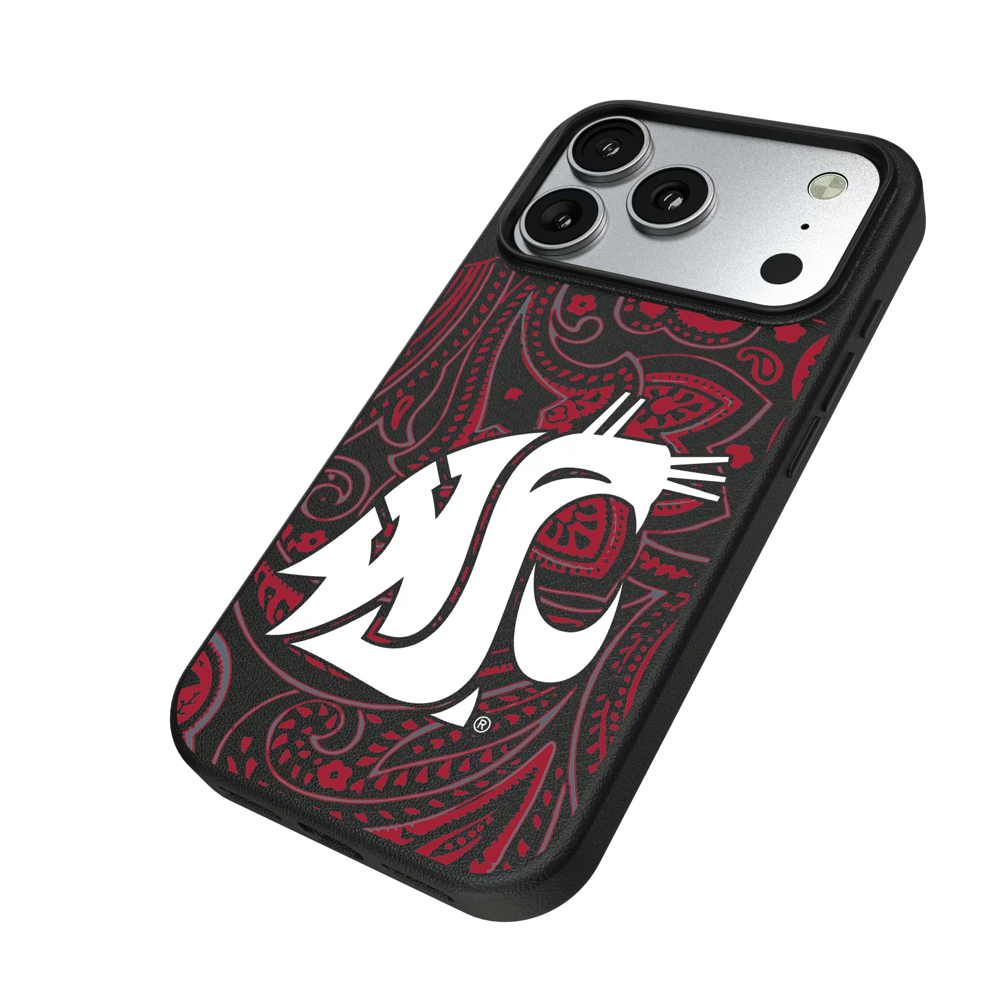 Washington State University Cougars Paisley iPhone MagSafe Compatible Phone Case for Apple iPhone - Isometric View#Device_iPhone 17 Pro