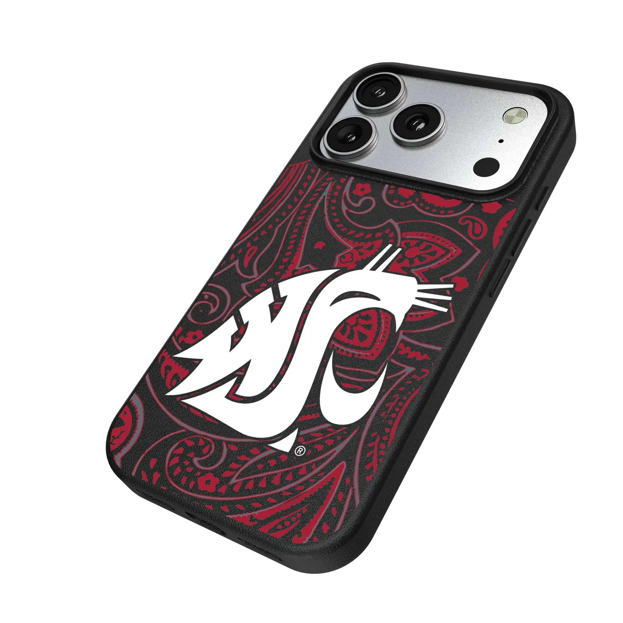 Washington State University Cougars Paisley iPhone MagSafe Compatible Phone Case for Apple iPhone - Isometric View#Device_iPhone 17 Pro