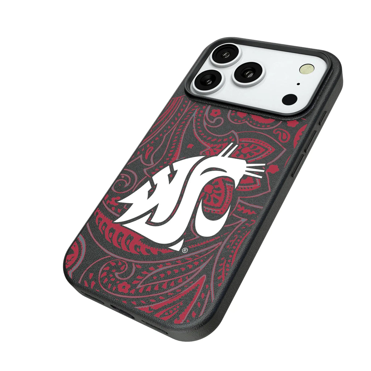 Washington State University Cougars Paisley iPhone MagSafe Compatible Phone Case for Apple iPhone - Isometric View#Device_iPhone 18 Pro