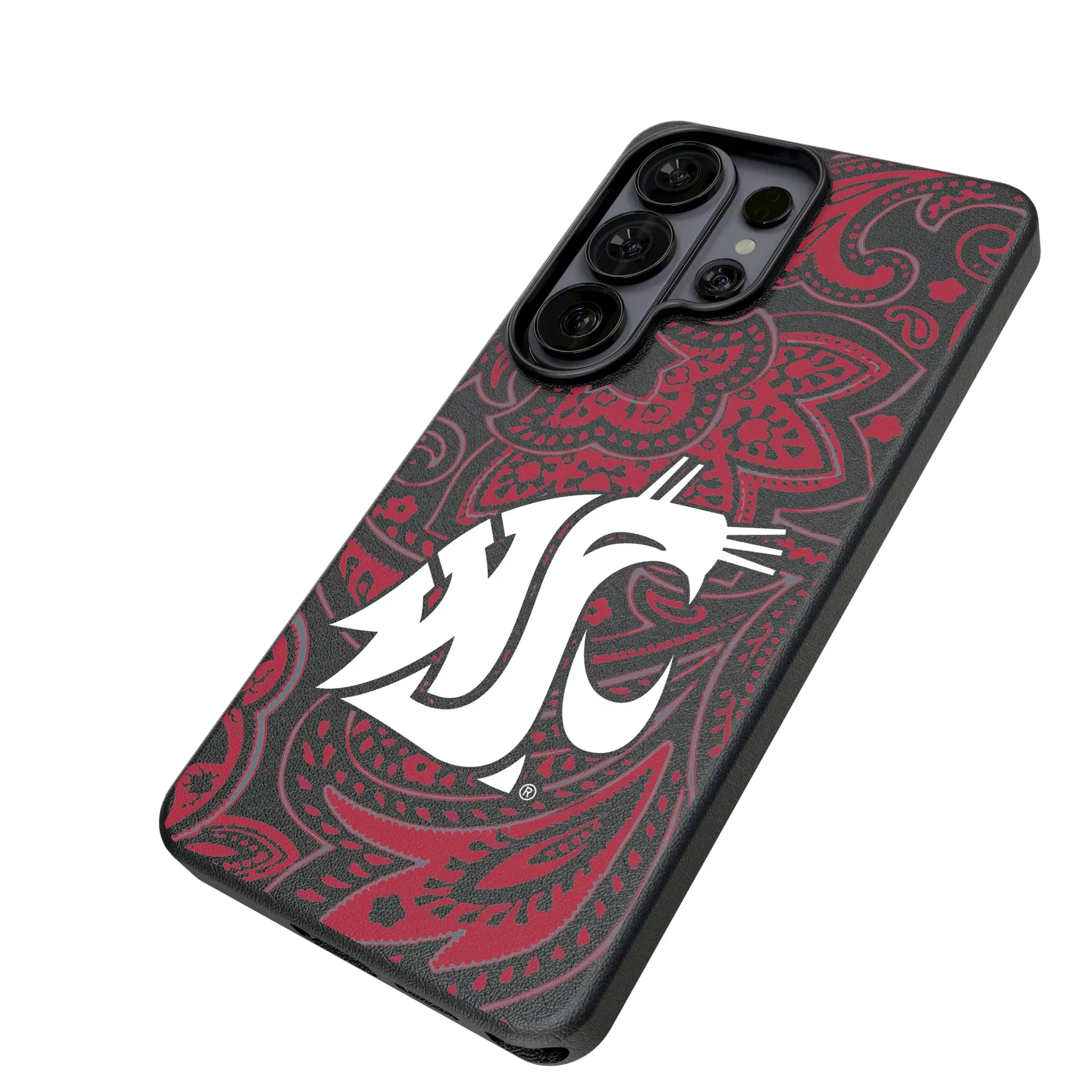 Washington State University Cougars Paisley Galaxy MagSafe Compatible Phone Case for Samsung Galaxy - Isometric View#Device_Galaxy S26 Ultra