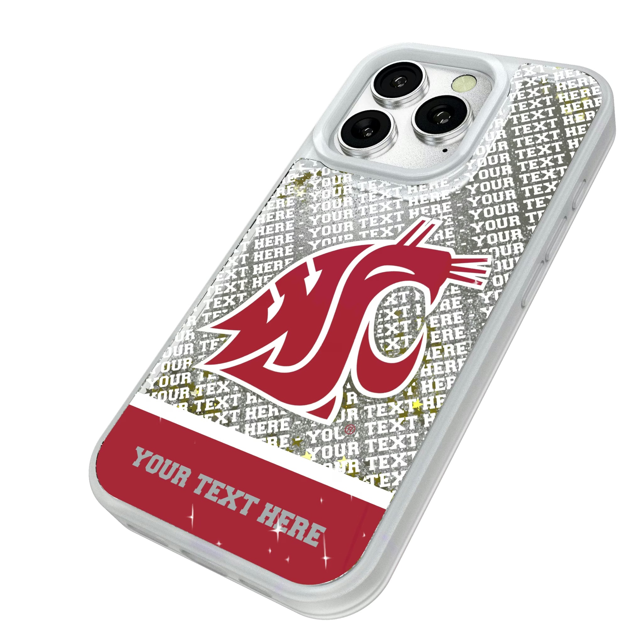 Washington State University Cougars Personalized EndZone Plus iPhone Glitter Phone Case for Apple iPhone - Isometric View#Device_iPhone 16 Pro