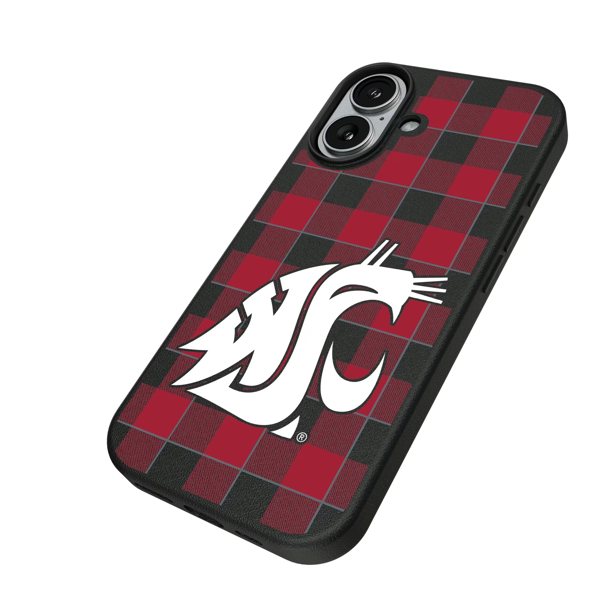 Washington State University Cougars Plaid iPhone MagSafe Compatible Phone Case for Apple iPhone - Isometric View#Device_iPhone 17