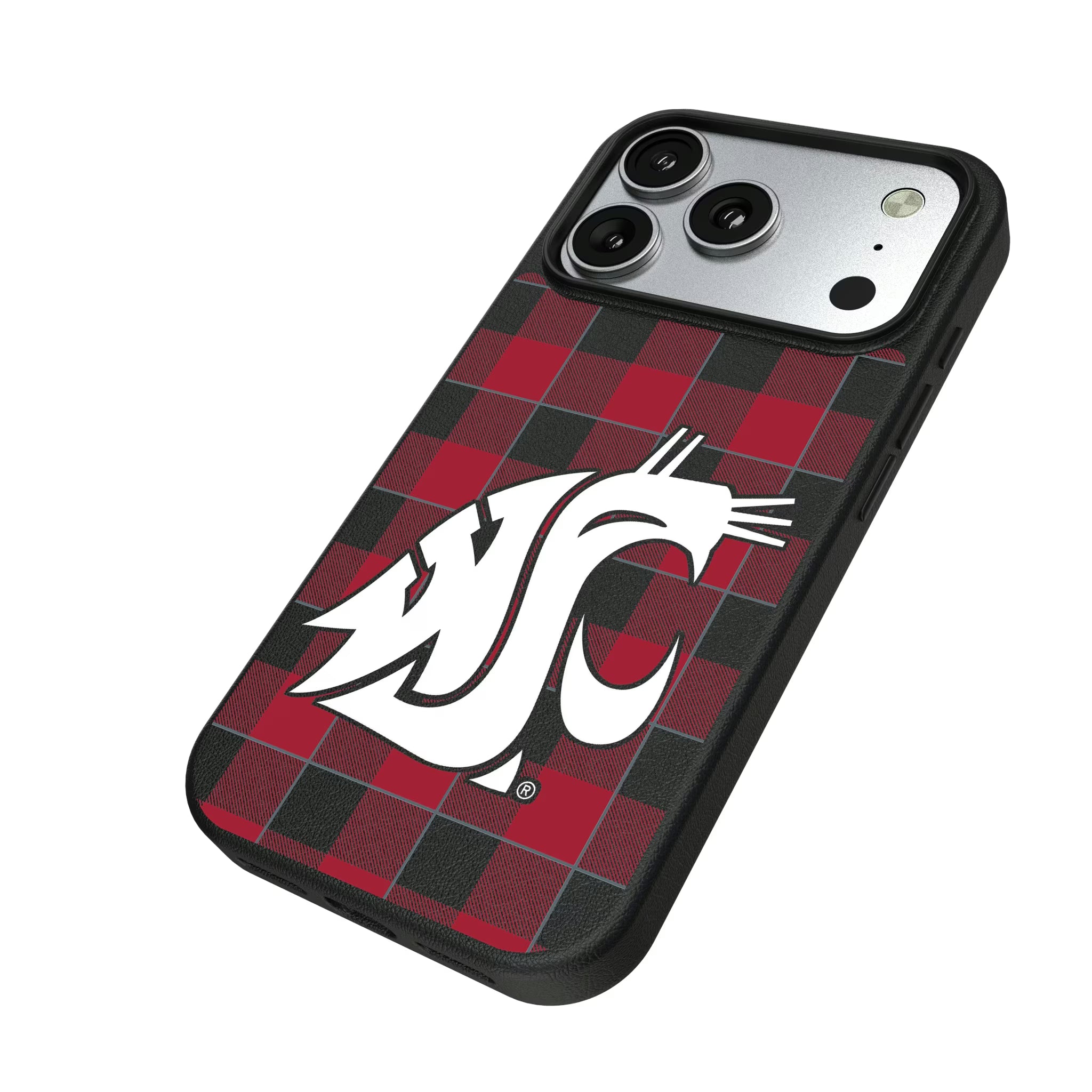 Washington State University Cougars Plaid iPhone MagSafe Compatible Phone Case for Apple iPhone - Isometric View#Device_iPhone 17 Pro