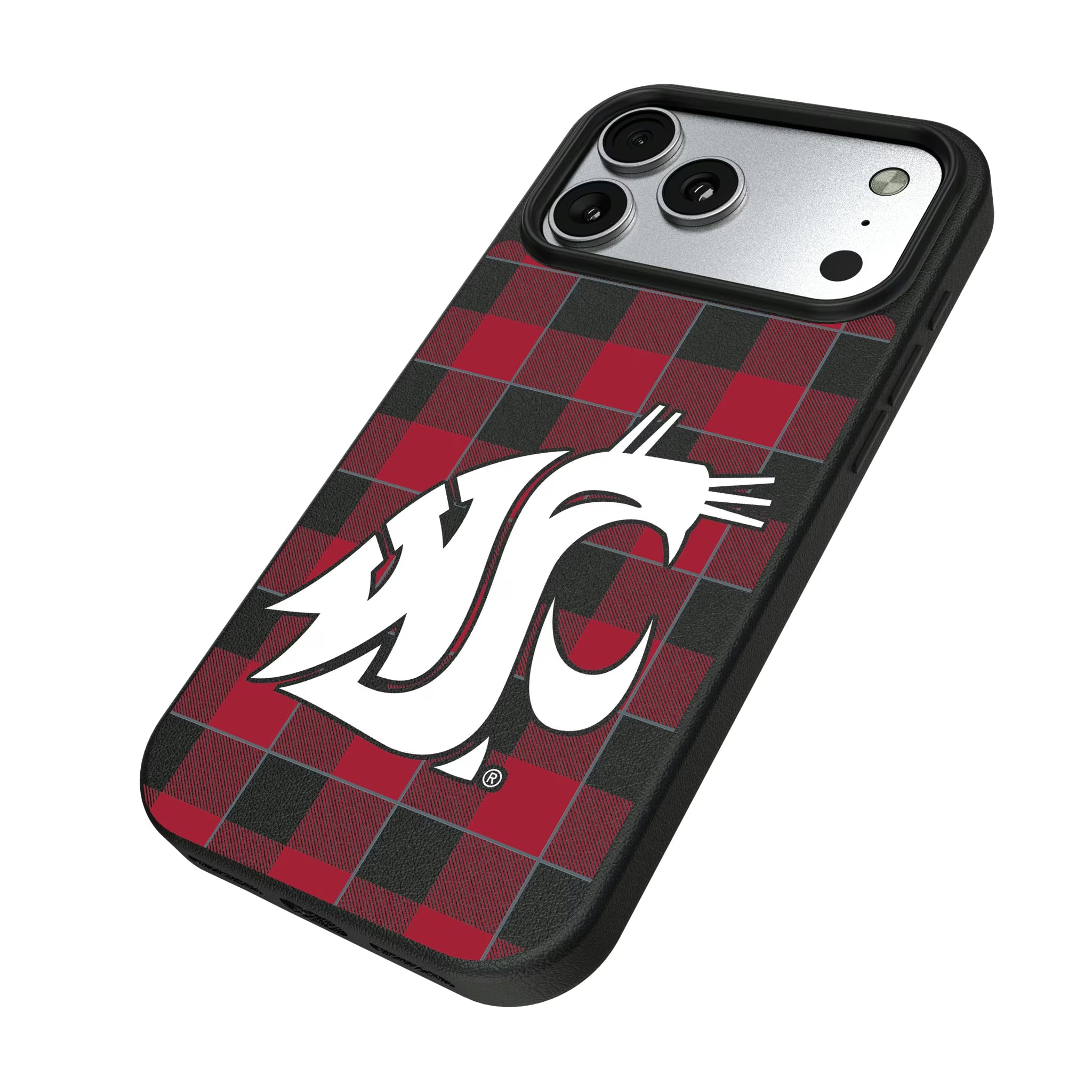 Washington State University Cougars Plaid iPhone MagSafe Compatible Phone Case for Apple iPhone - Isometric View#Device_iPhone 17 Pro Max