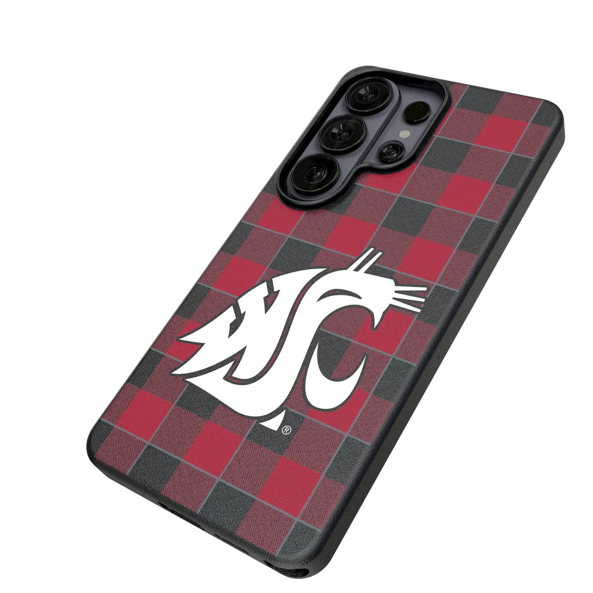 Washington State University Cougars Plaid Galaxy MagSafe Compatible Phone Case for Samsung Galaxy - Isometric View#Device_Galaxy S26 Ultra