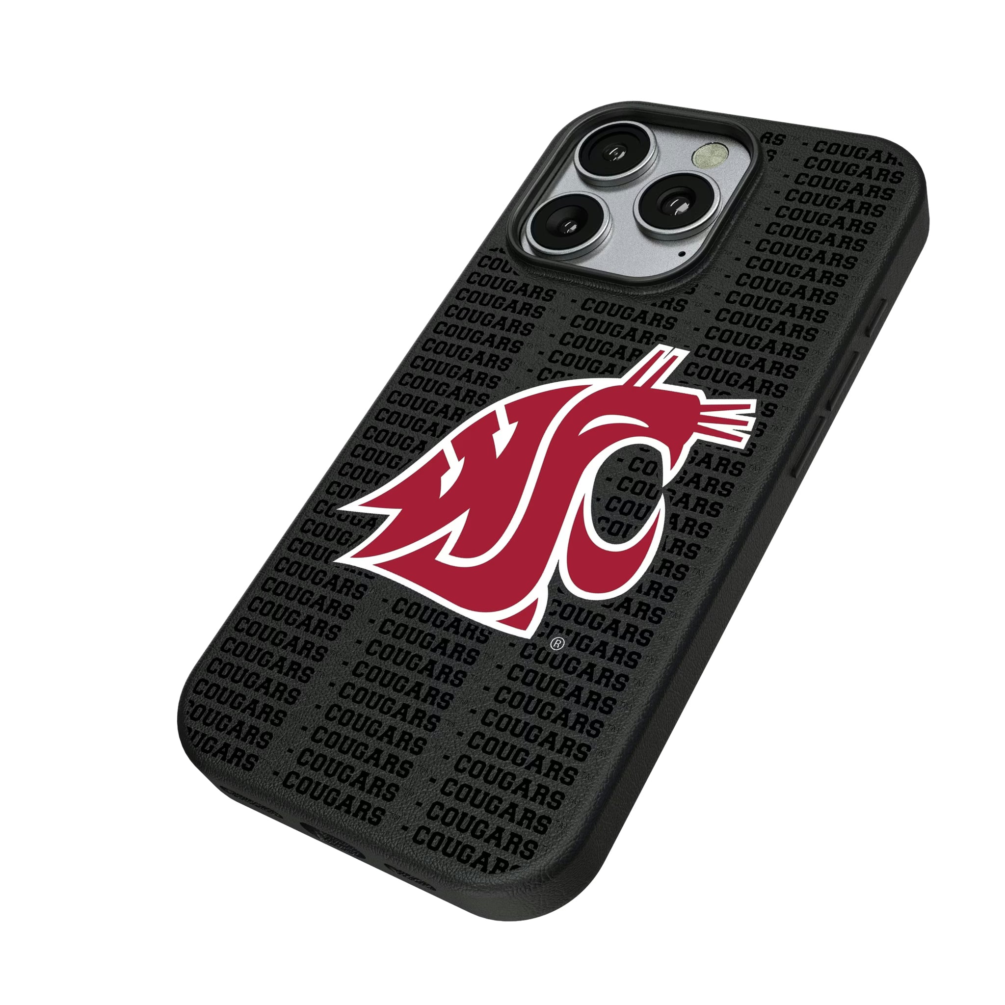 Washington State University Cougars Text Backdrop iPhone MagSafe Compatible Phone Case for Apple iPhone - Isometric View