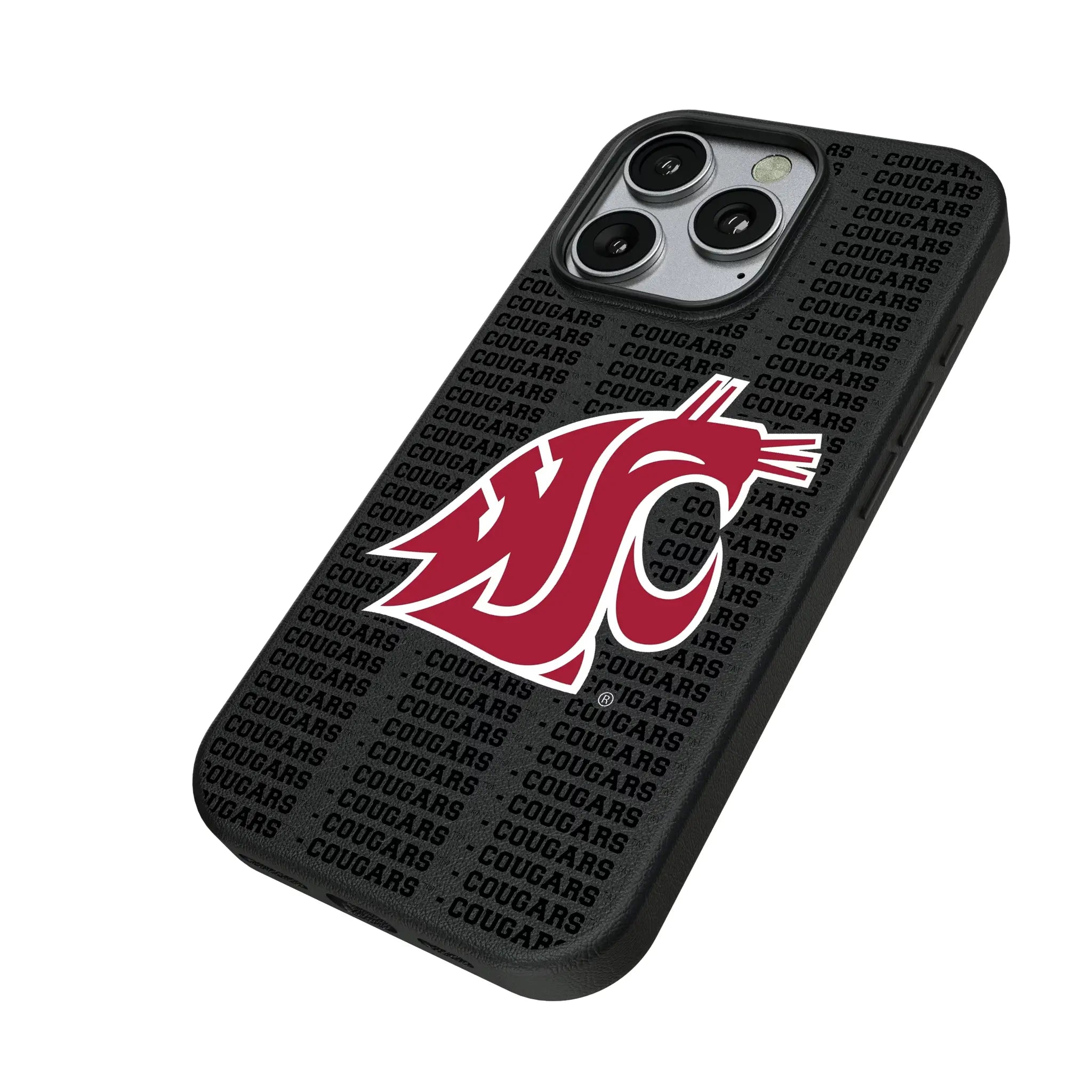 Washington State University Cougars Text Backdrop iPhone MagSafe Compatible Phone Case for Apple iPhone - Isometric View