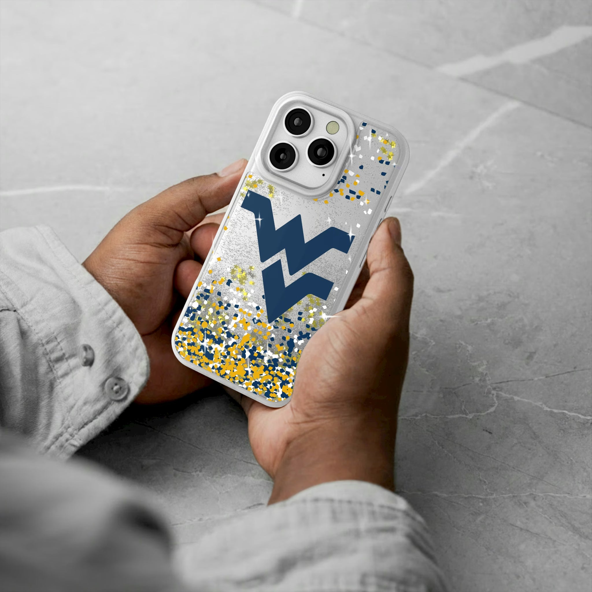 West Virginia University Mountaineers Confetti iPhone Glitter Phone Case for Apple iPhone - Lifestyle#Device_iPhone 16 Pro