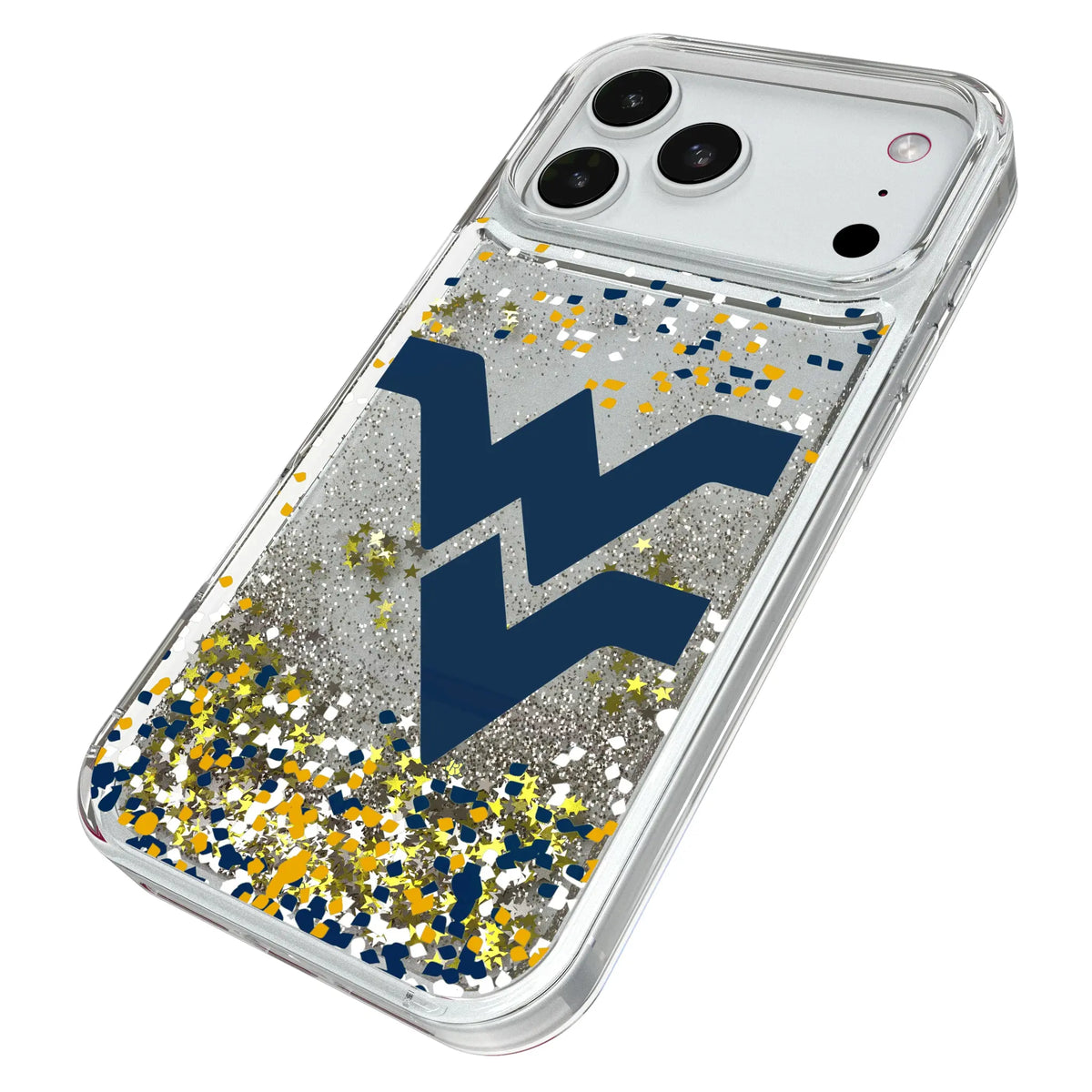 West Virginia University Mountaineers Confetti iPhone Glitter Phone Case for Apple iPhone - Isometric View#Device_iPhone 18 Pro Max