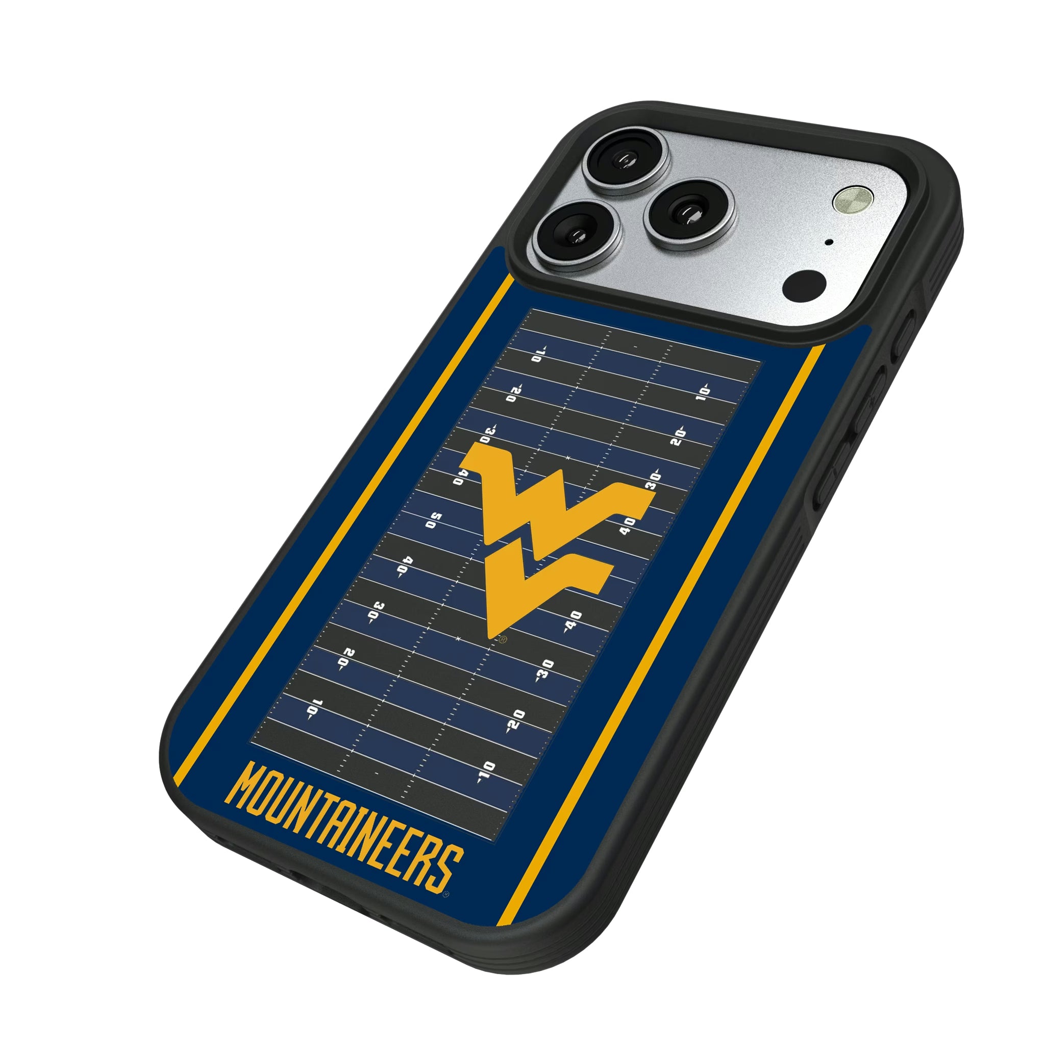 West Virginia University Mountaineers Field iPhone Bump Phone Case for Apple iPhone - Isometric View#Device_iPhone 17 Pro